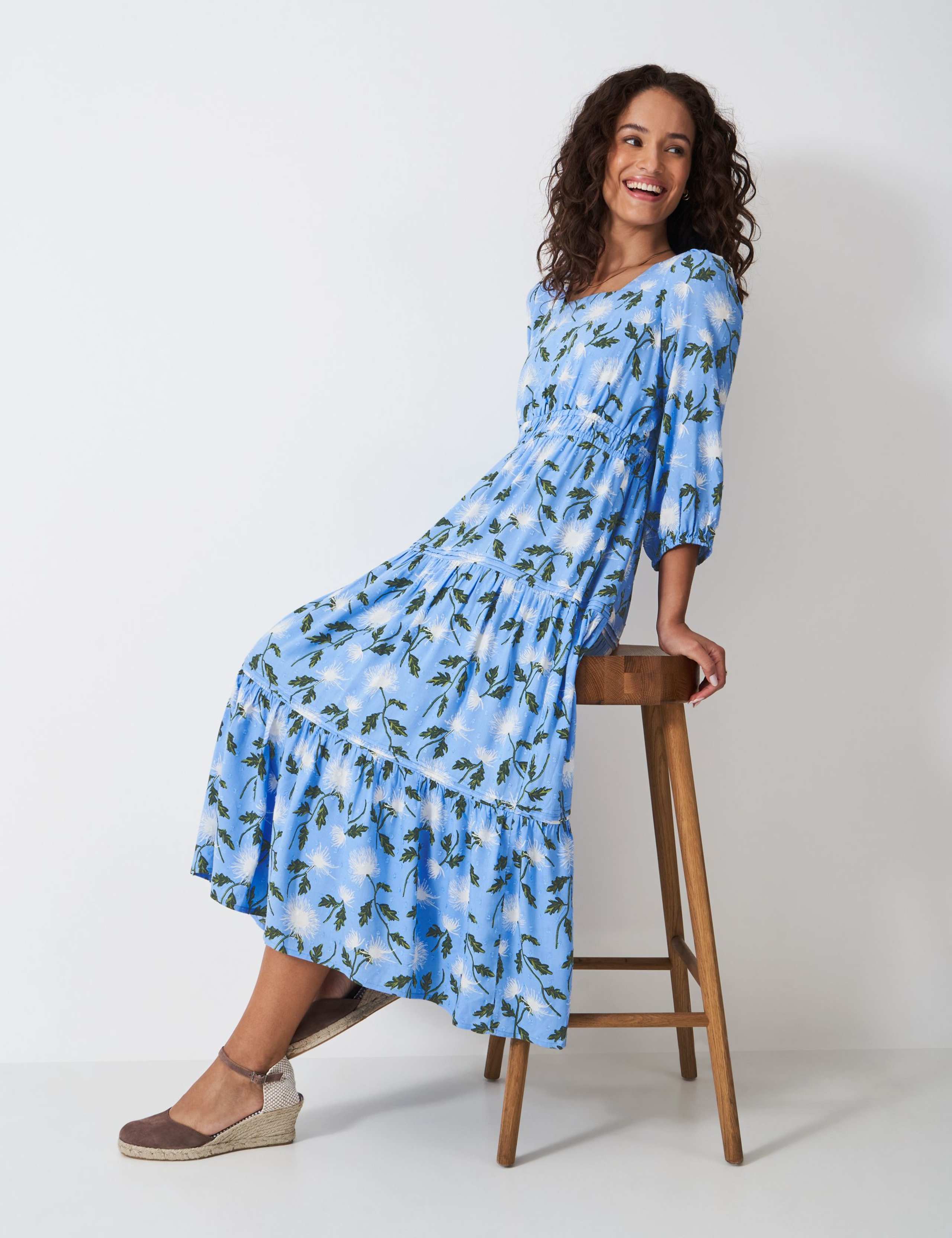 Floral Square Neck Midi Tiered Dress