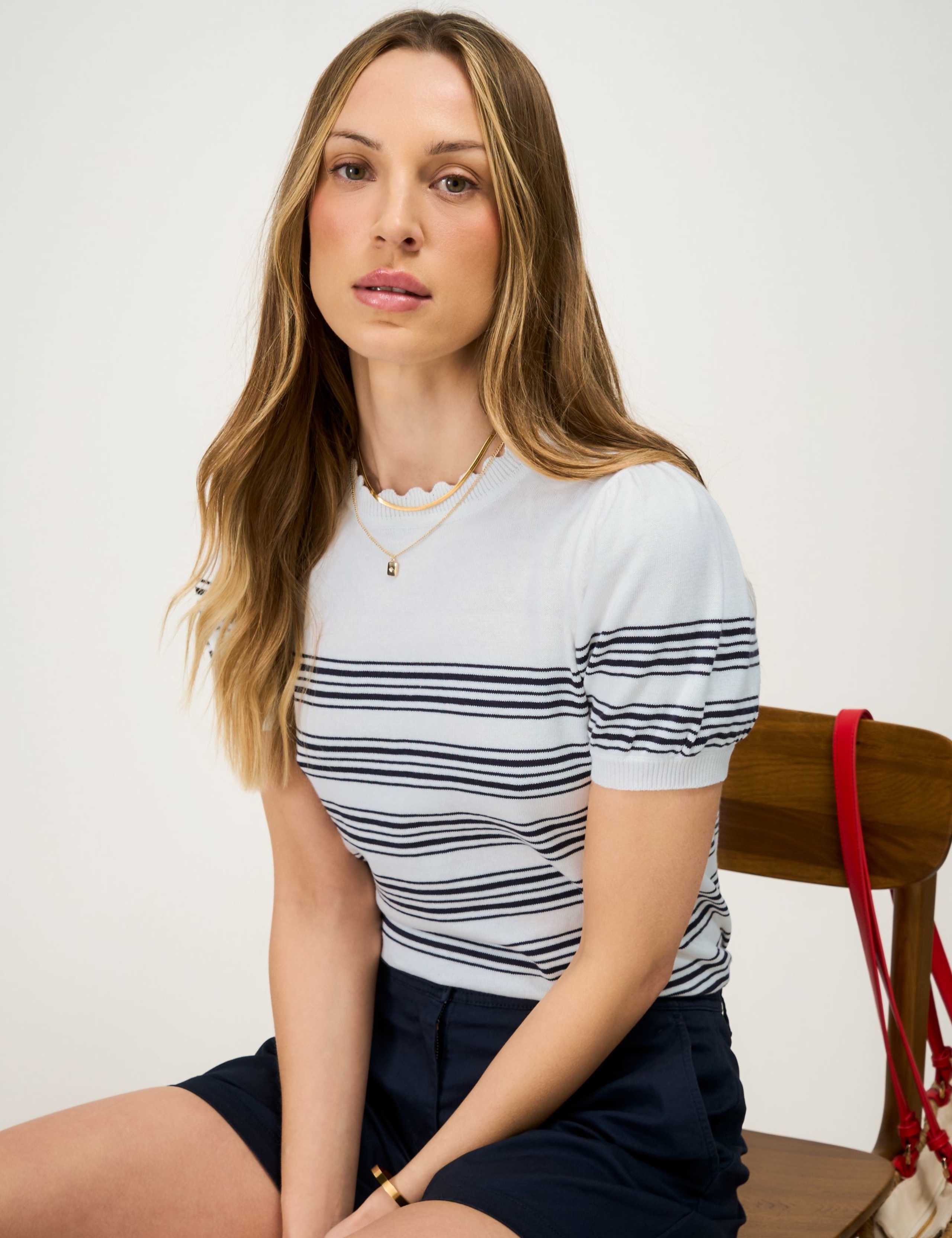 Pure Cotton Striped Scallop Edge Knitted Top