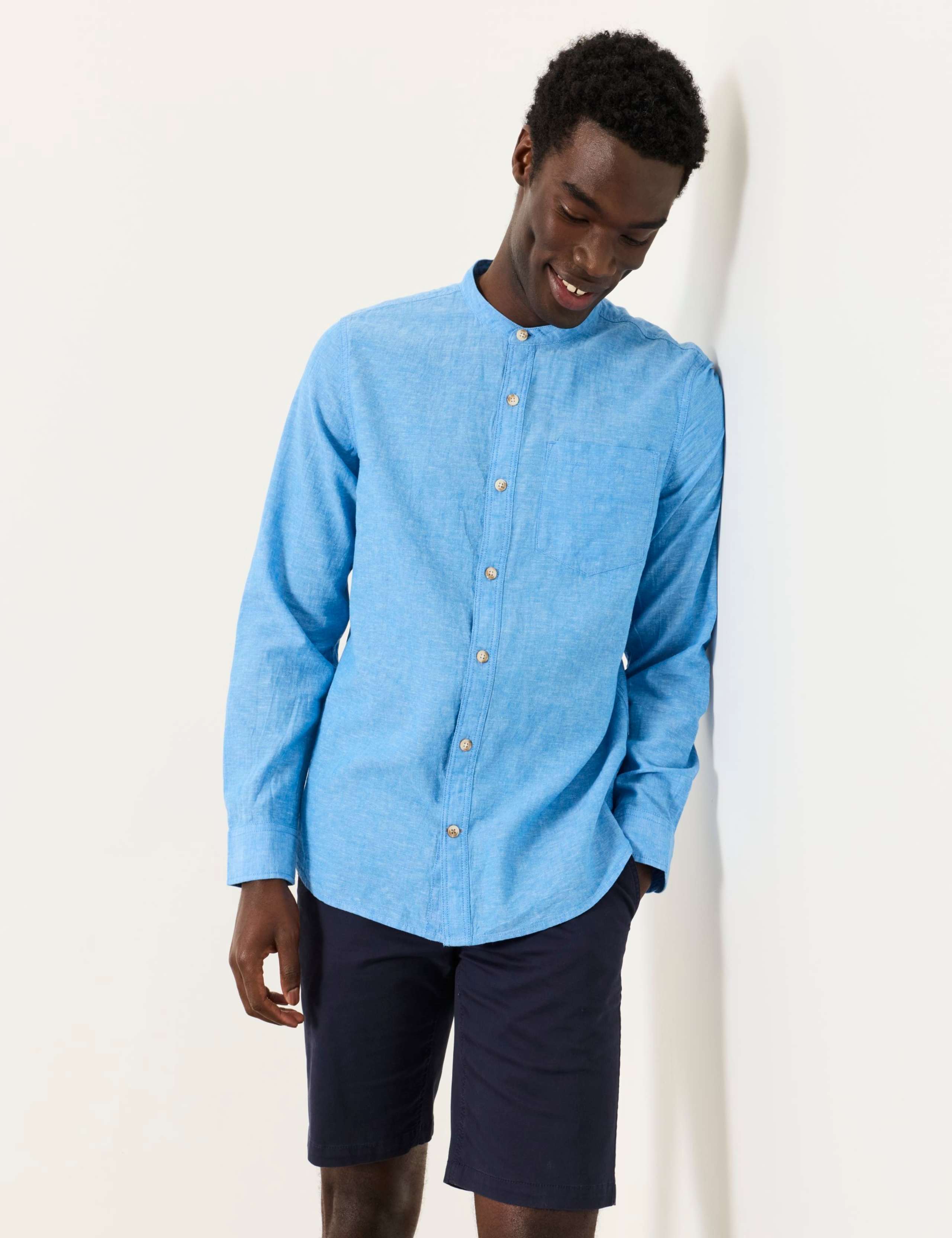 Cotton Linen Blend Grandad Collar Shirt
