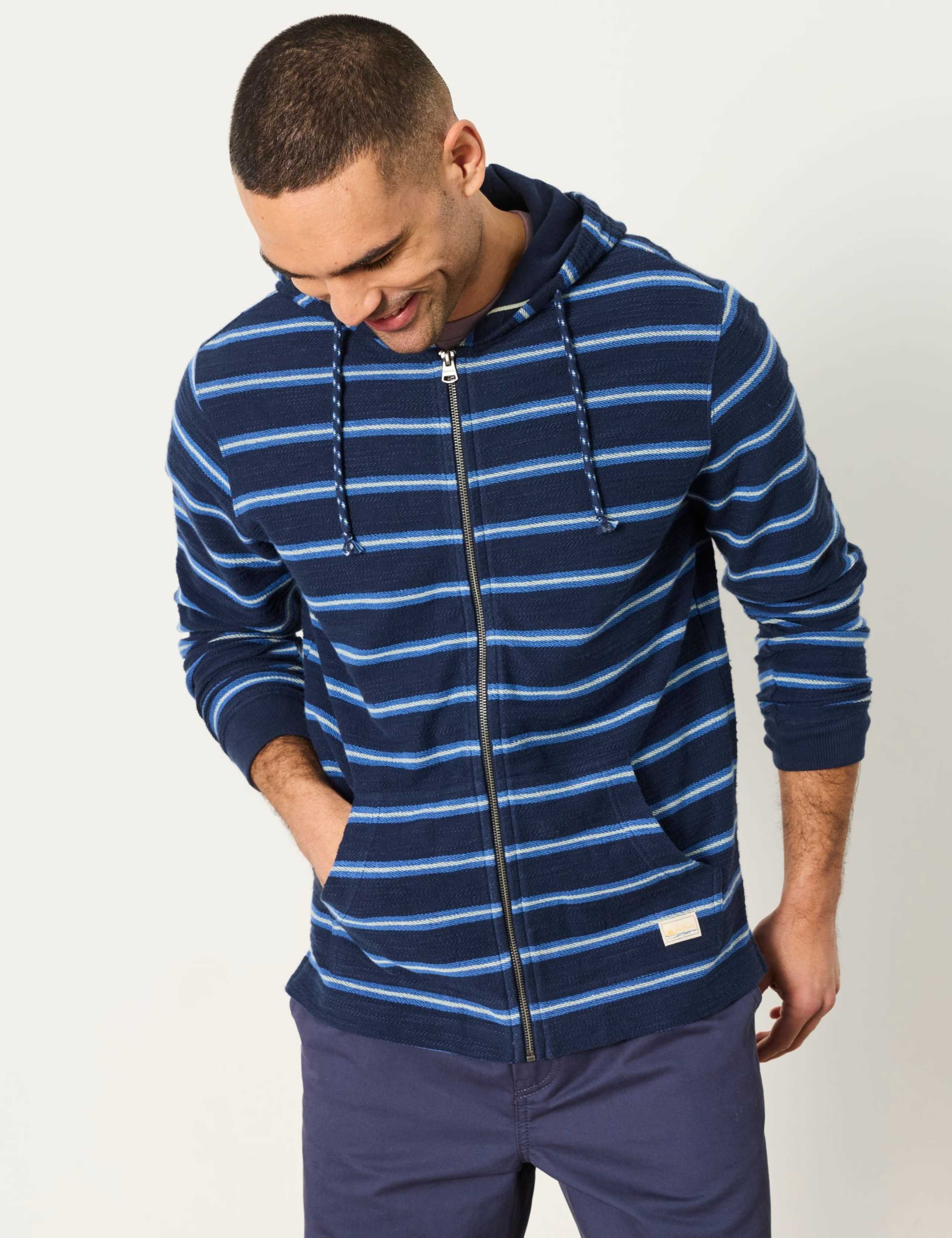 Pure Cotton Textured Stripe Zip Up Hoodie
