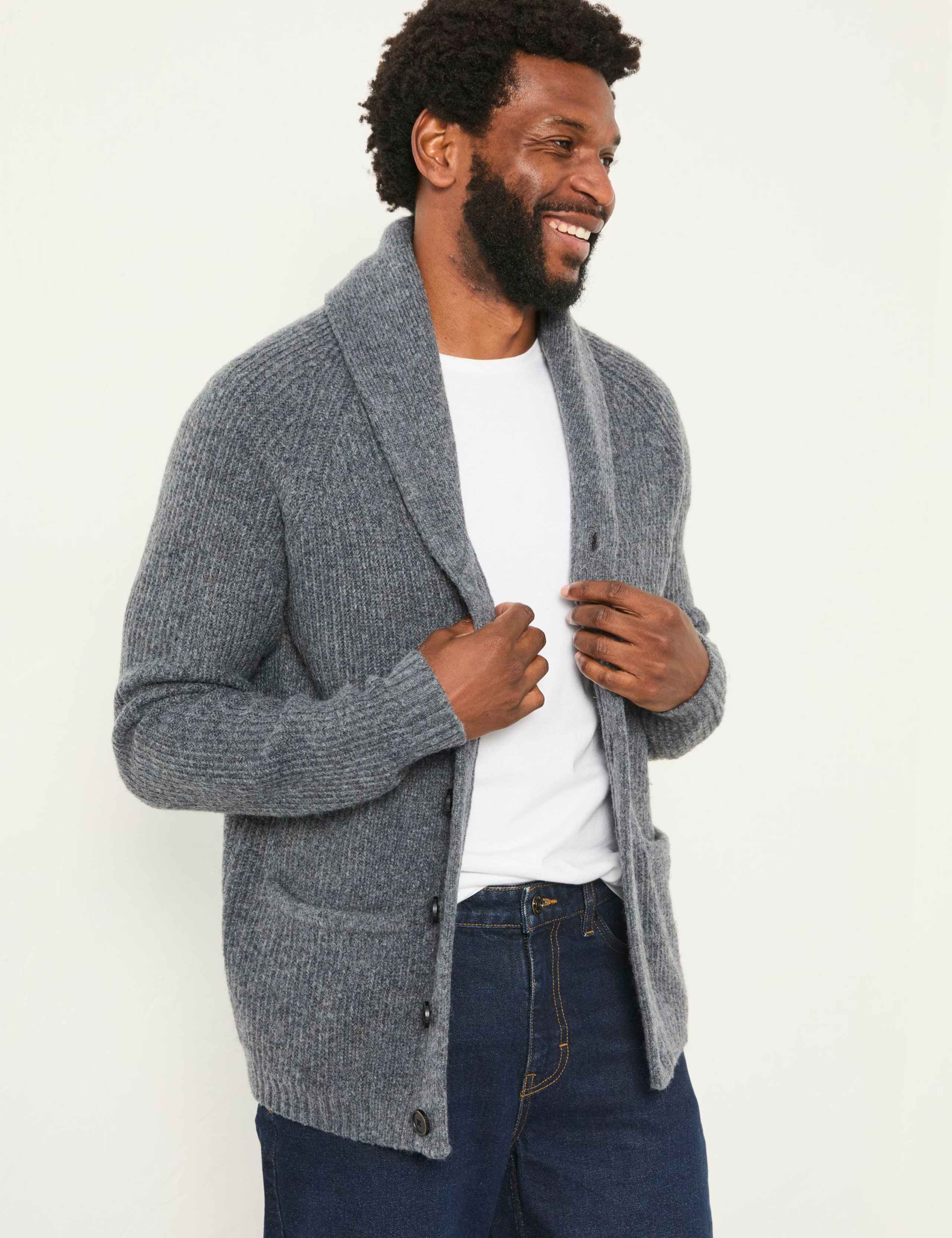 Textured Shawl Neck Cardigan With Wool