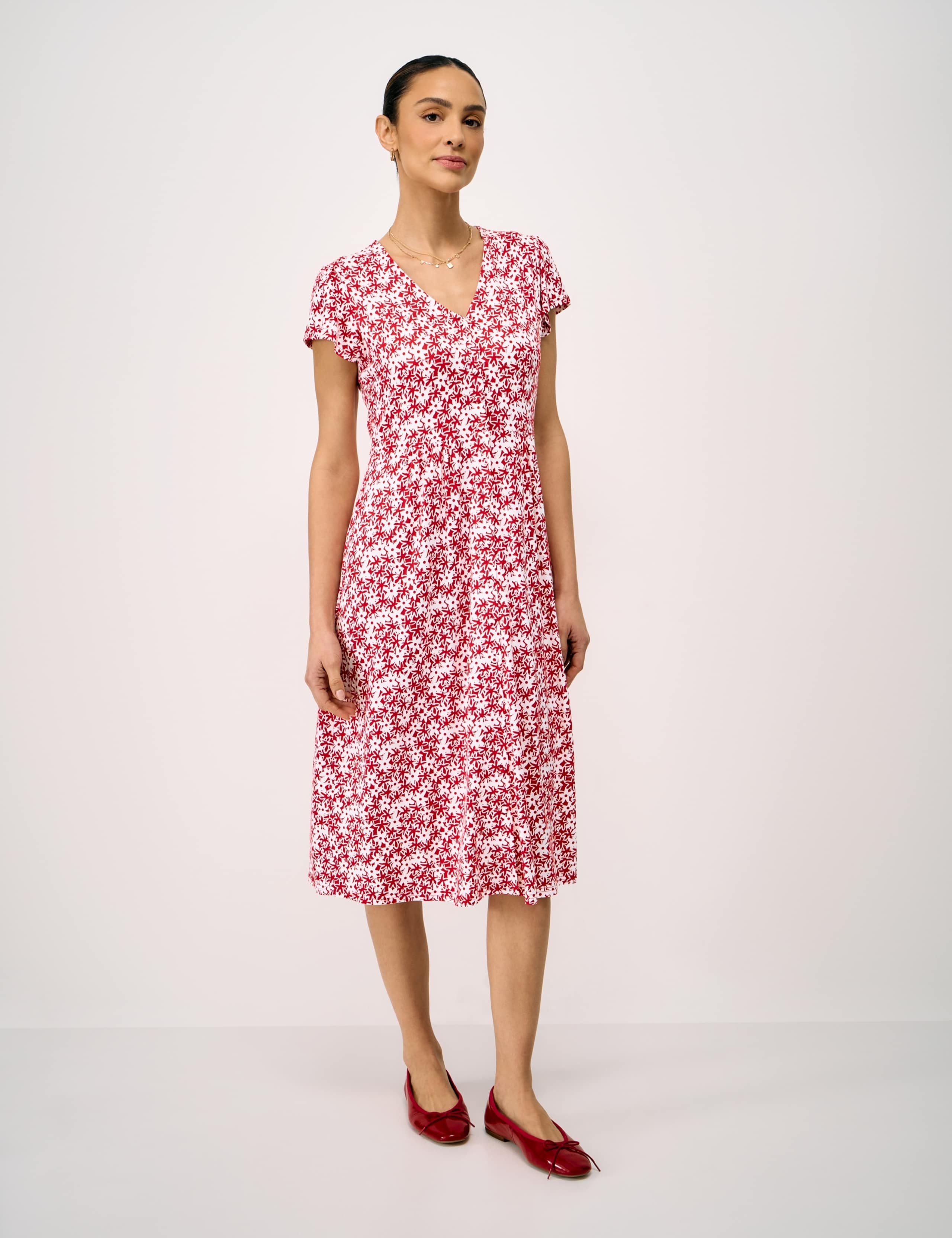 Jersey Floral V-Neck Midi Skater Dress