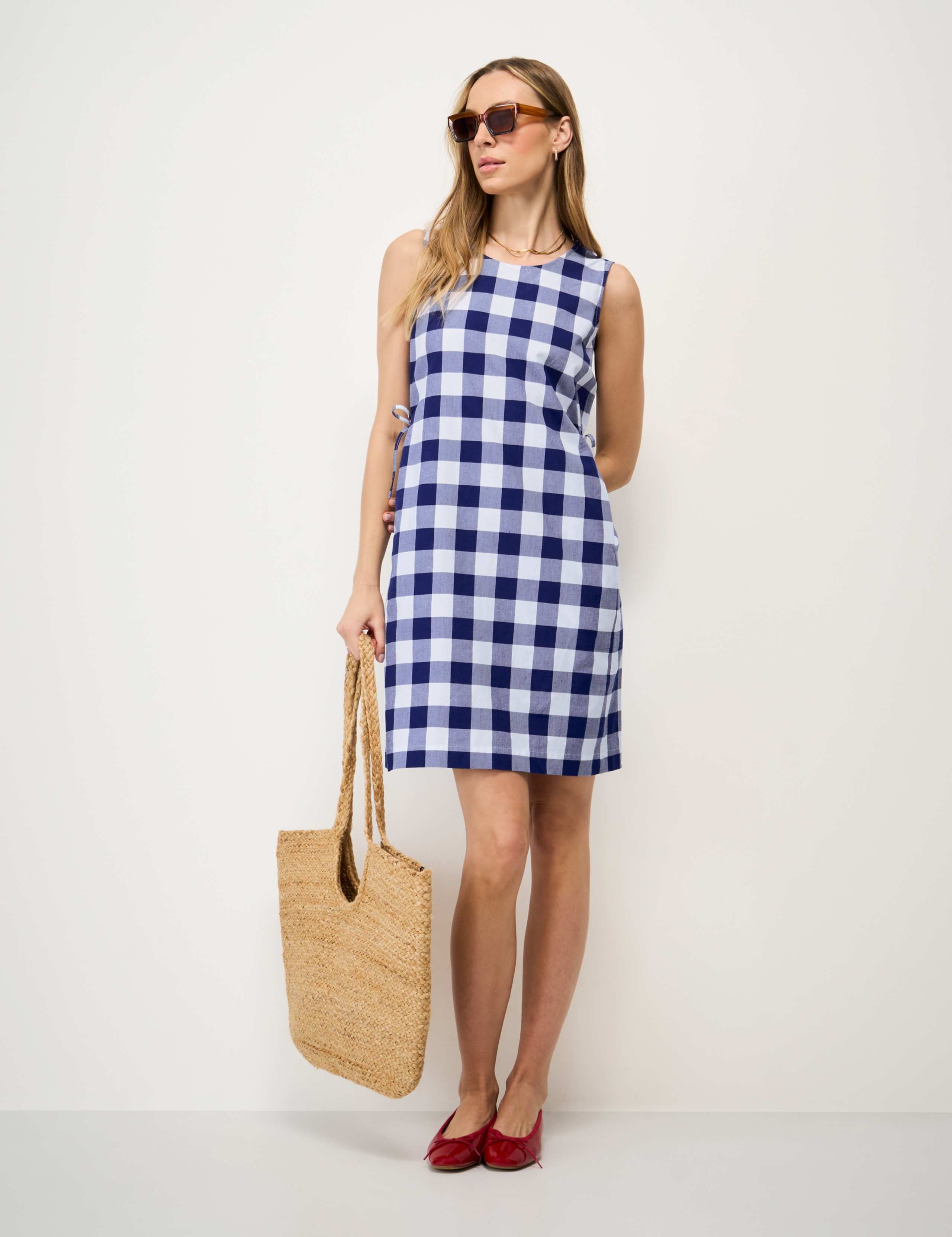 Gingham Mini Shift Dress with Linen