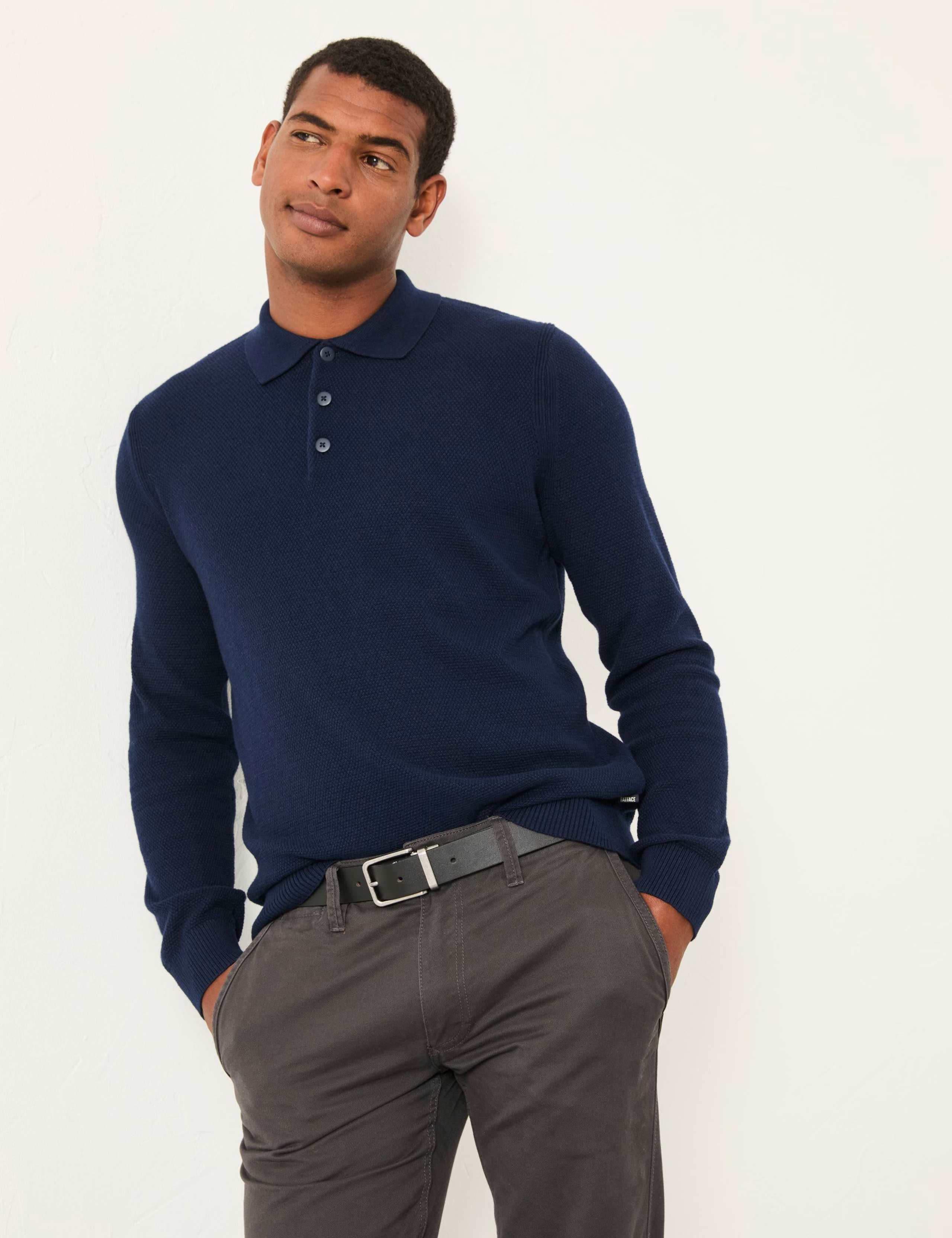 Cotton Rich Textured Long Sleeve Polo Shirt