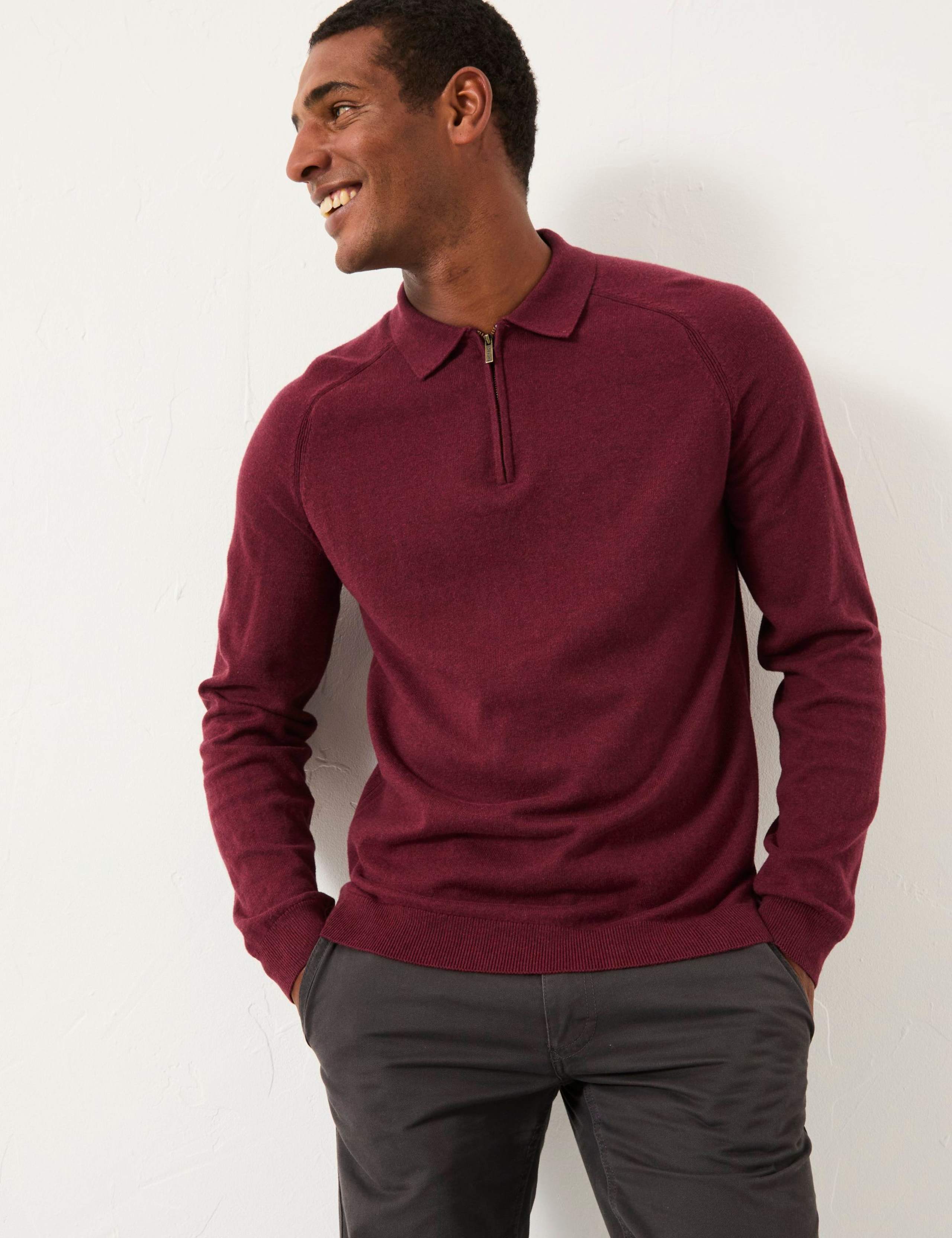 Cotton Rich Knitted Zip Collar Polo Jumper