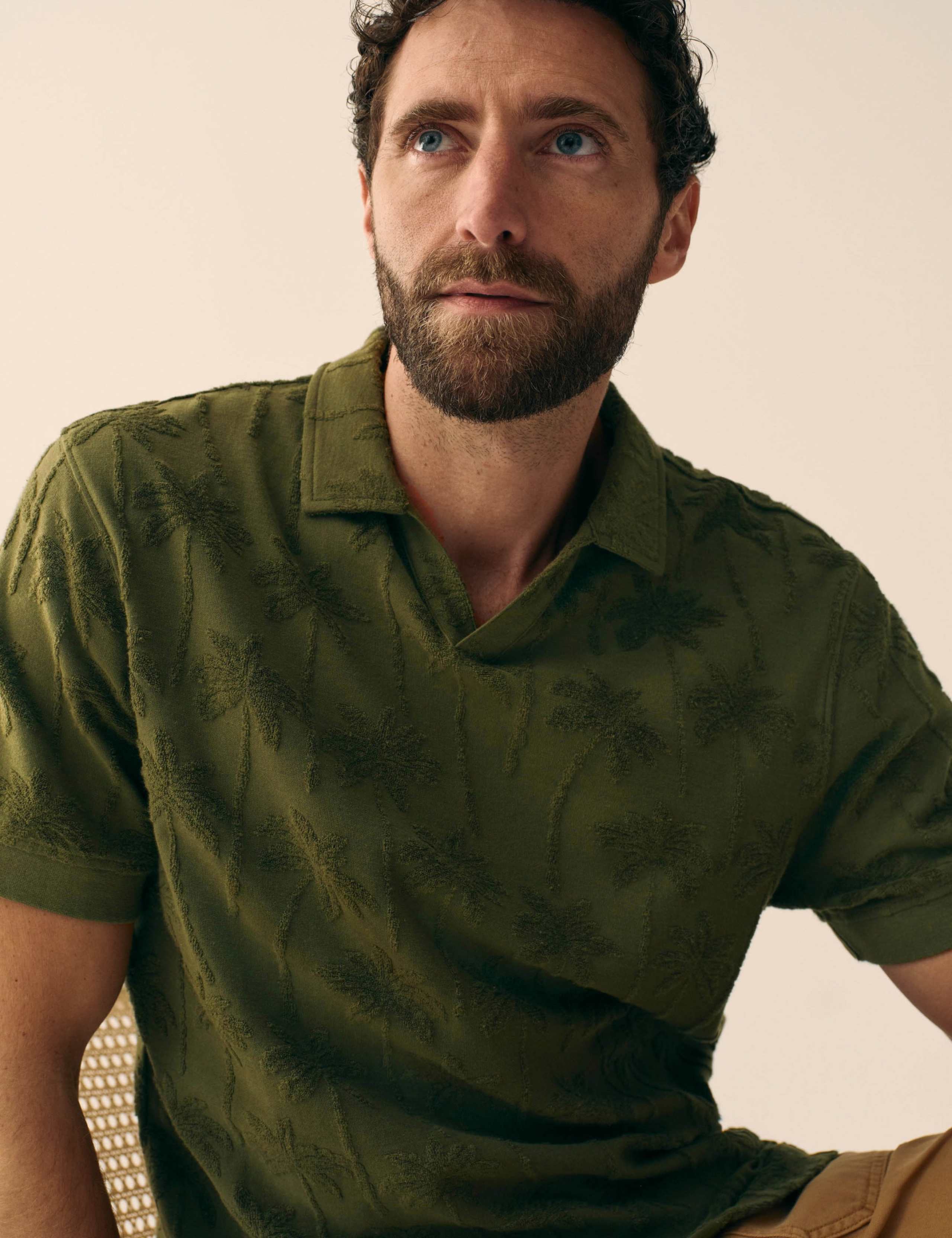 Pure Cotton Towelling Palm Print Polo Shirt
