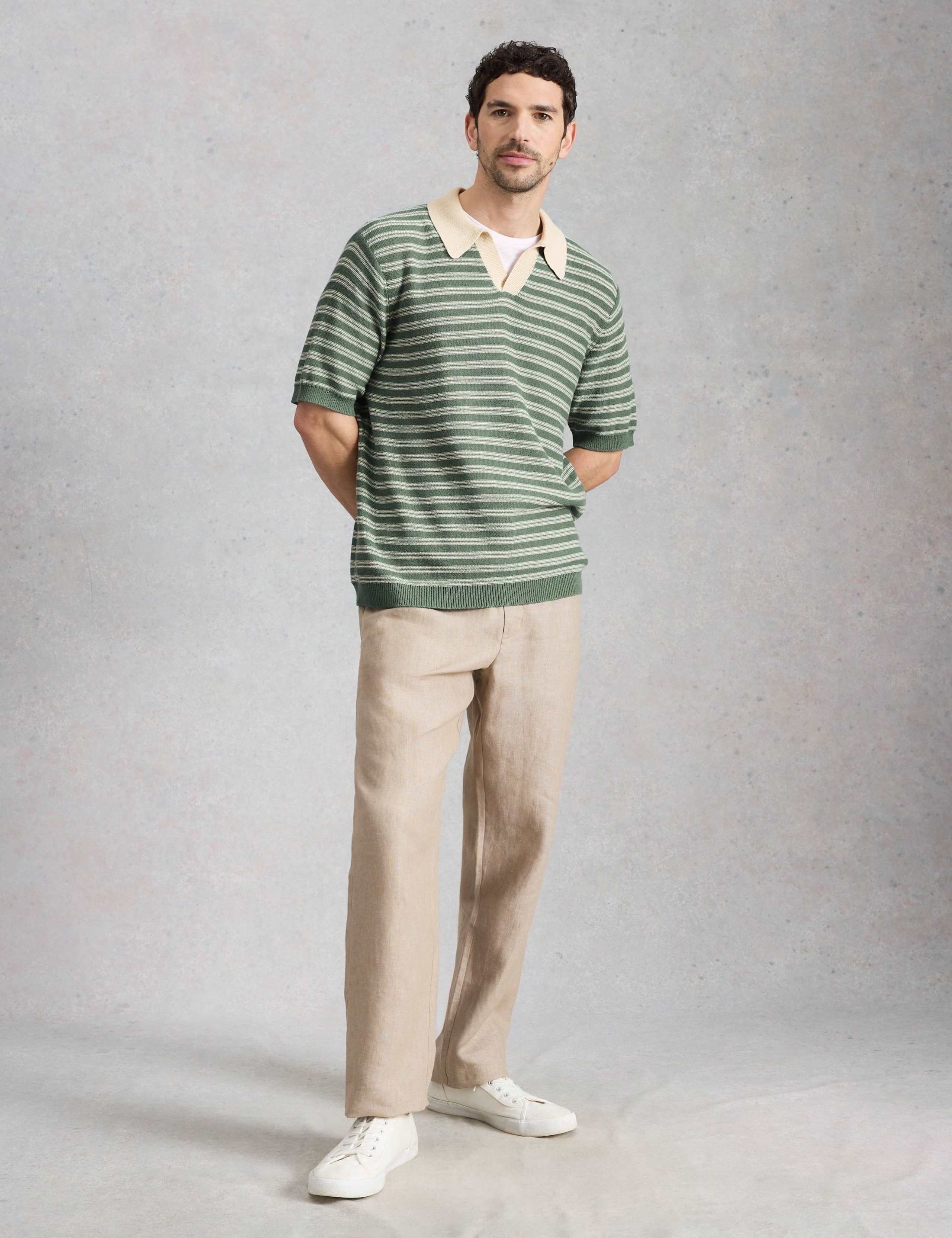 Cotton Linen Blend Striped Knitted Polo Shirt