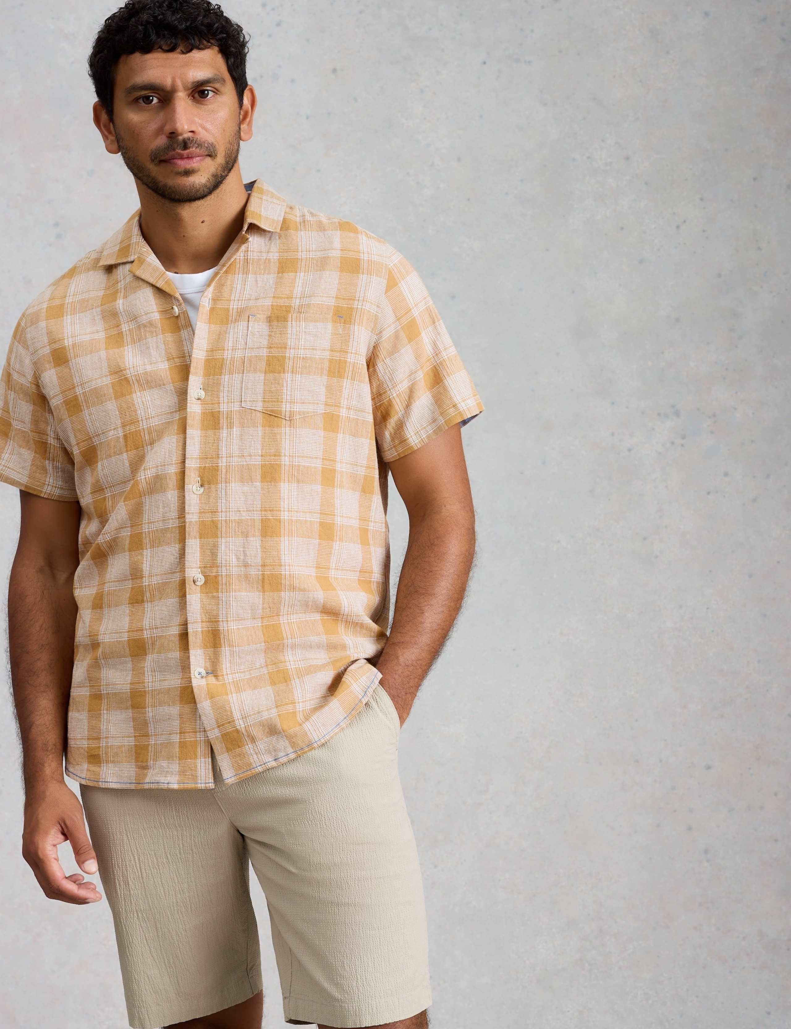 Linen Cotton Blend Check Short Sleeve Shirt