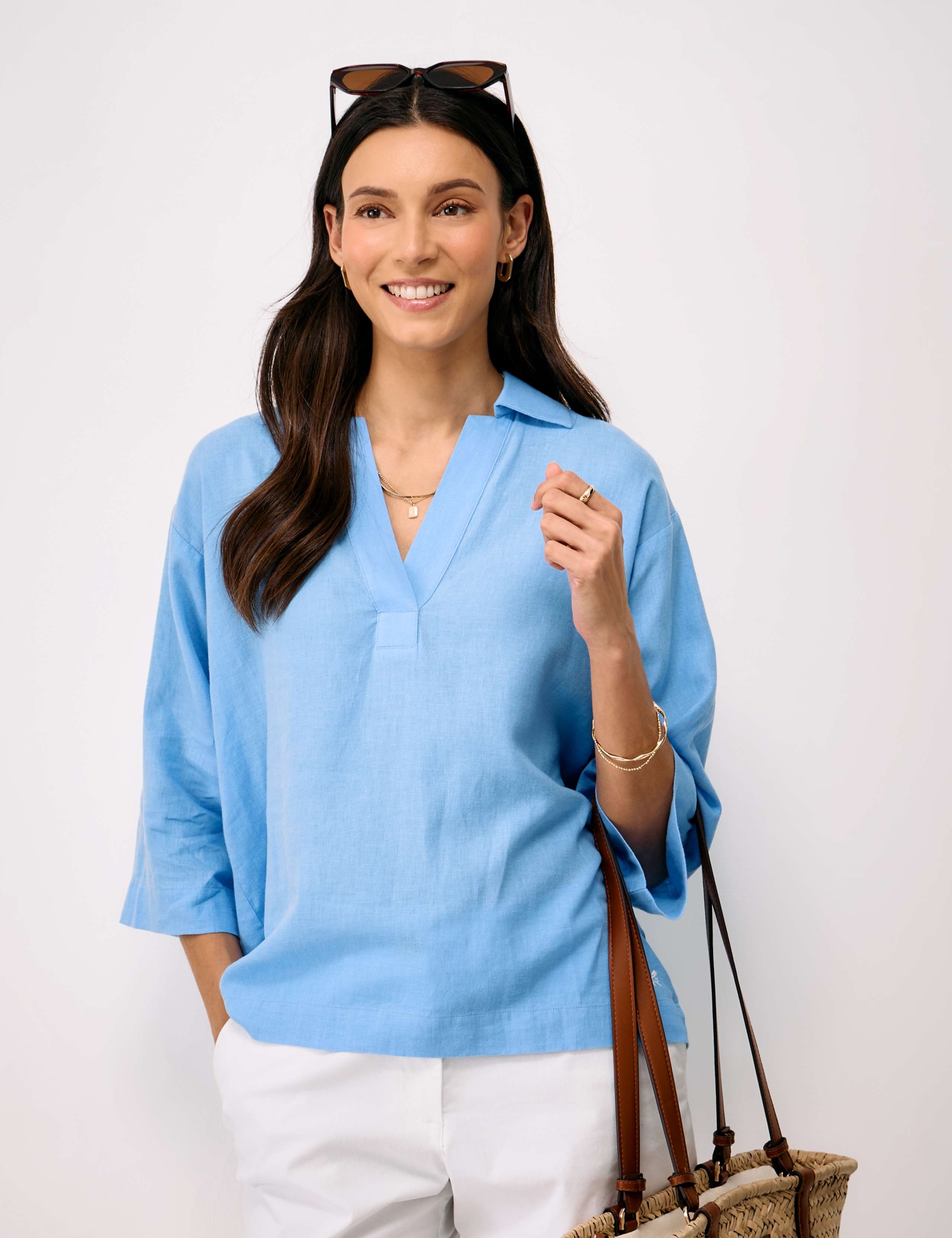 Linen Rich V-Neck Relaxed Popover Shirt