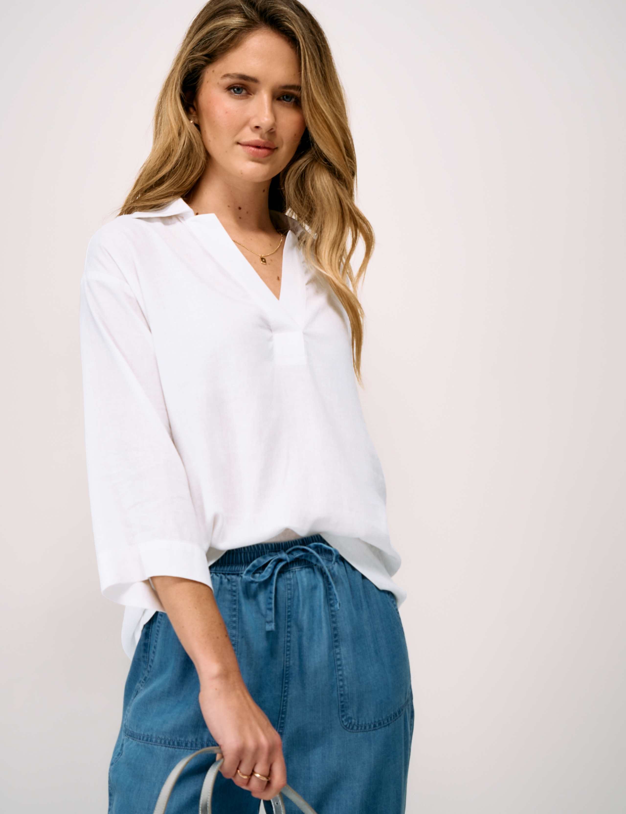 Linen Rich V-Neck Relaxed Popover Shirt