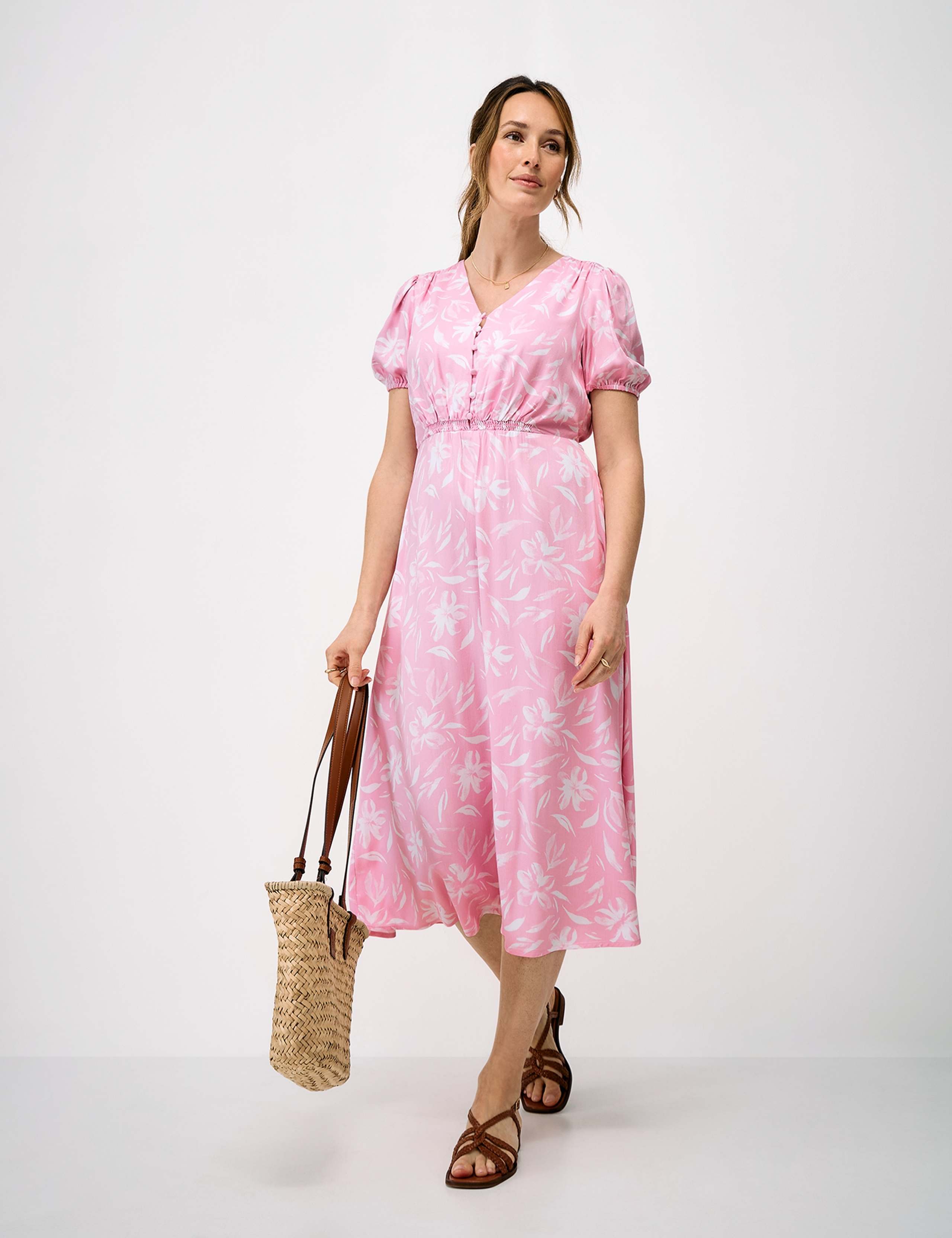 Floral V-Neck Puff Sleeve Midi Tea Dress
