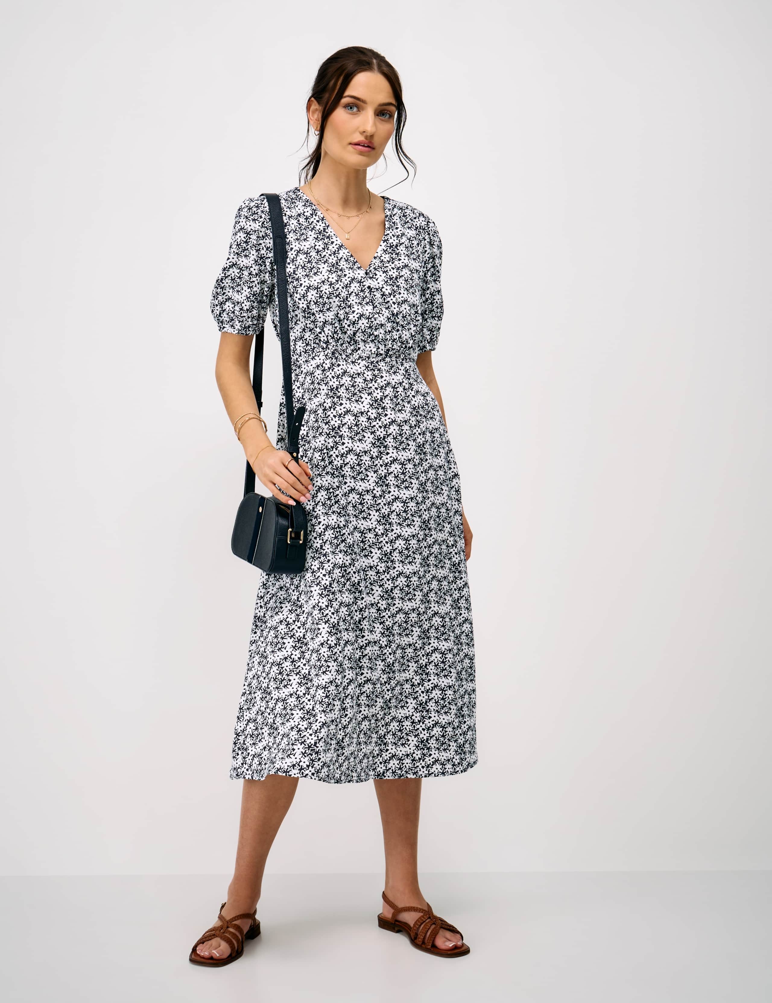 Floral V-Neck Puff Sleeve Midi Tea Dress