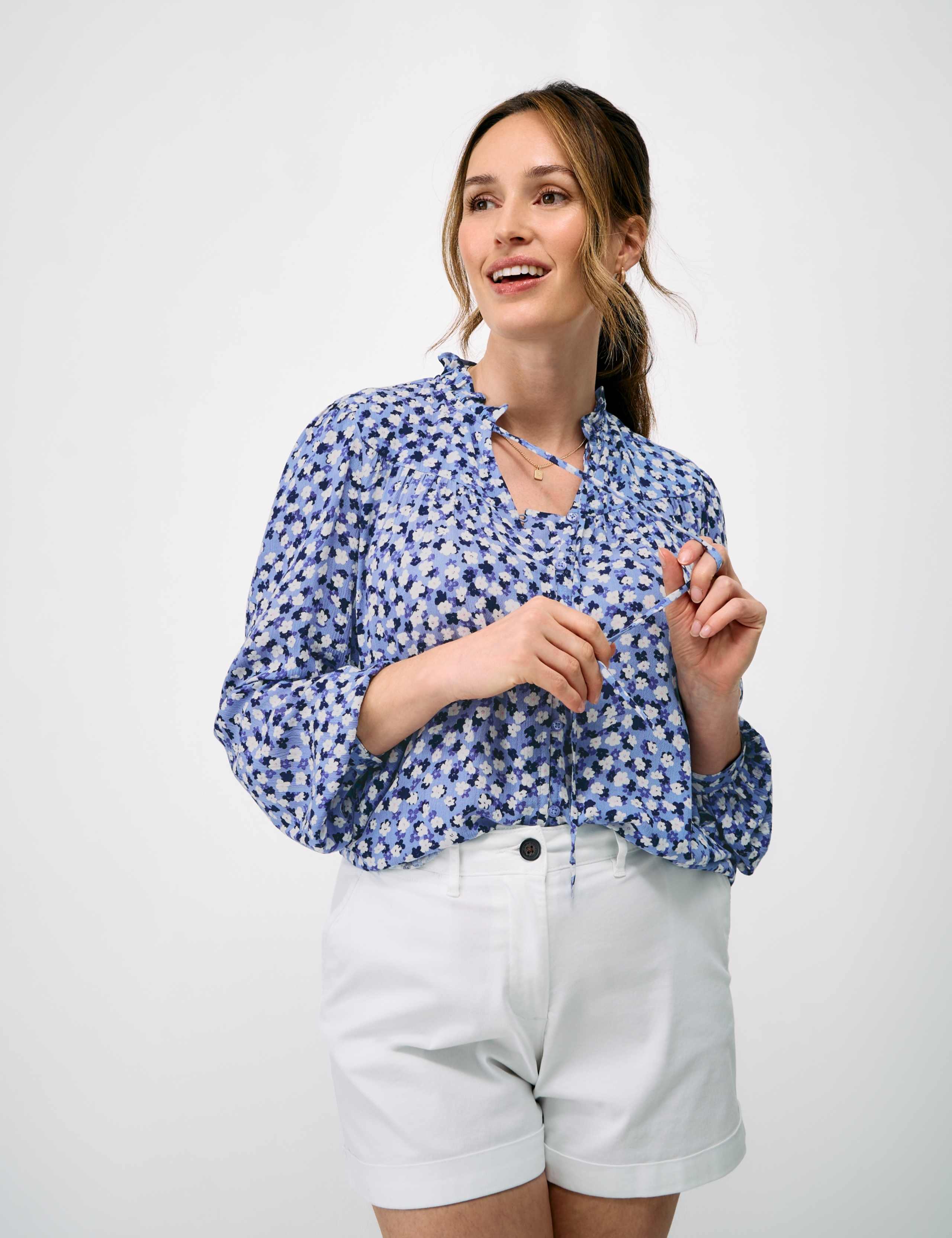 Ditsy Floral Tie Neck Button Through Blouse