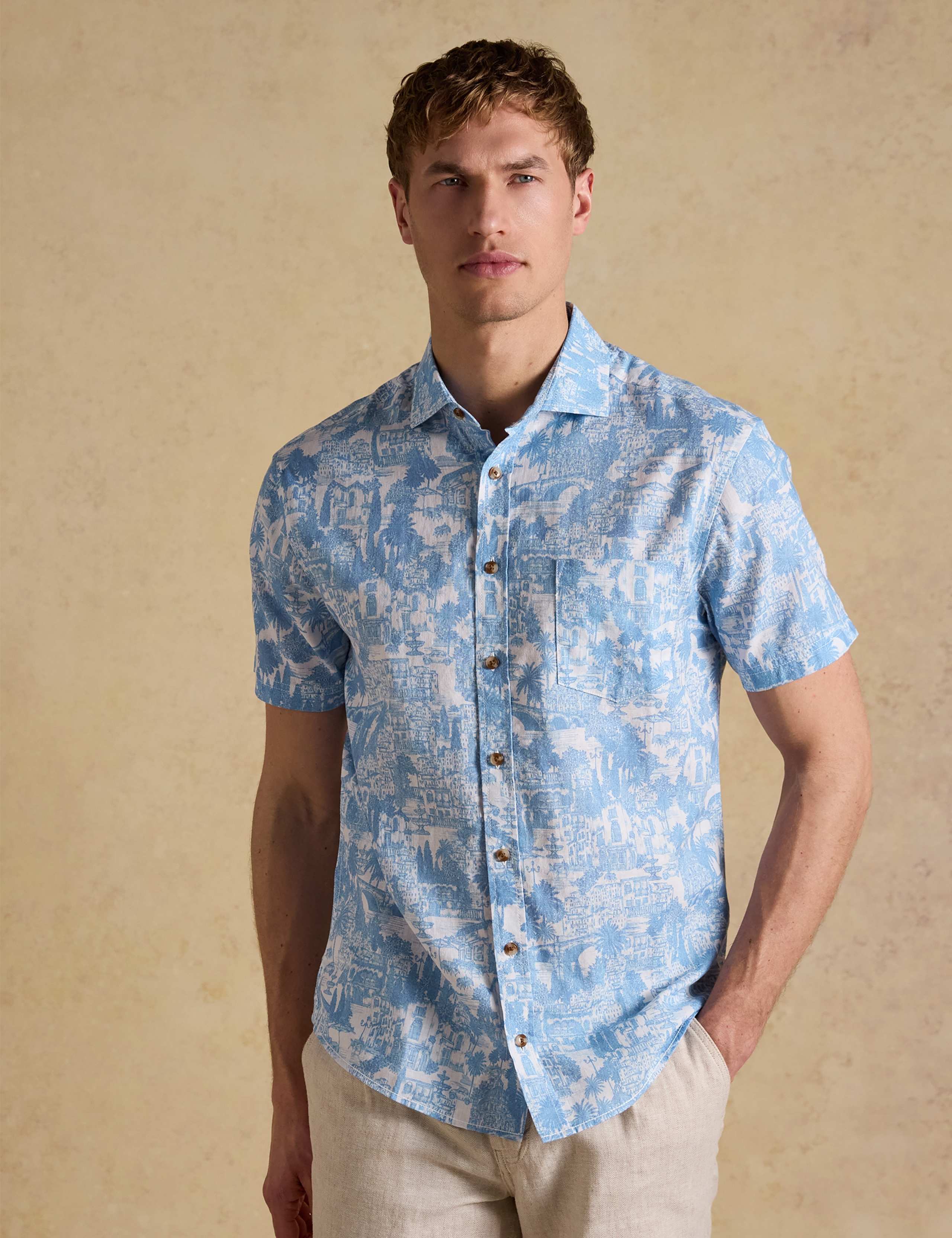 Linen Cotton Blend Printed Short Sleeve Shirt
