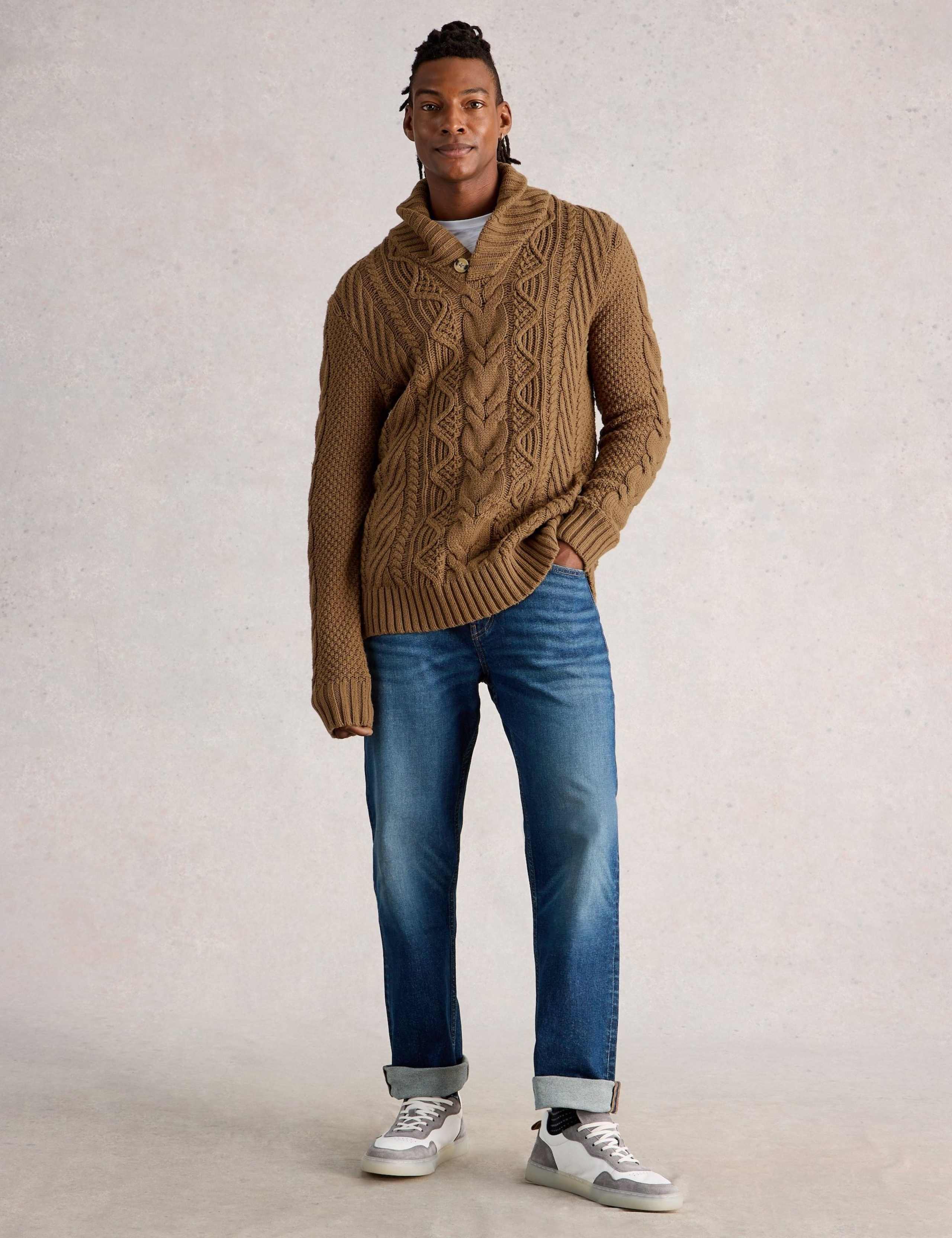 Cotton Rich Cable Shawl Neck Jumper with Wool