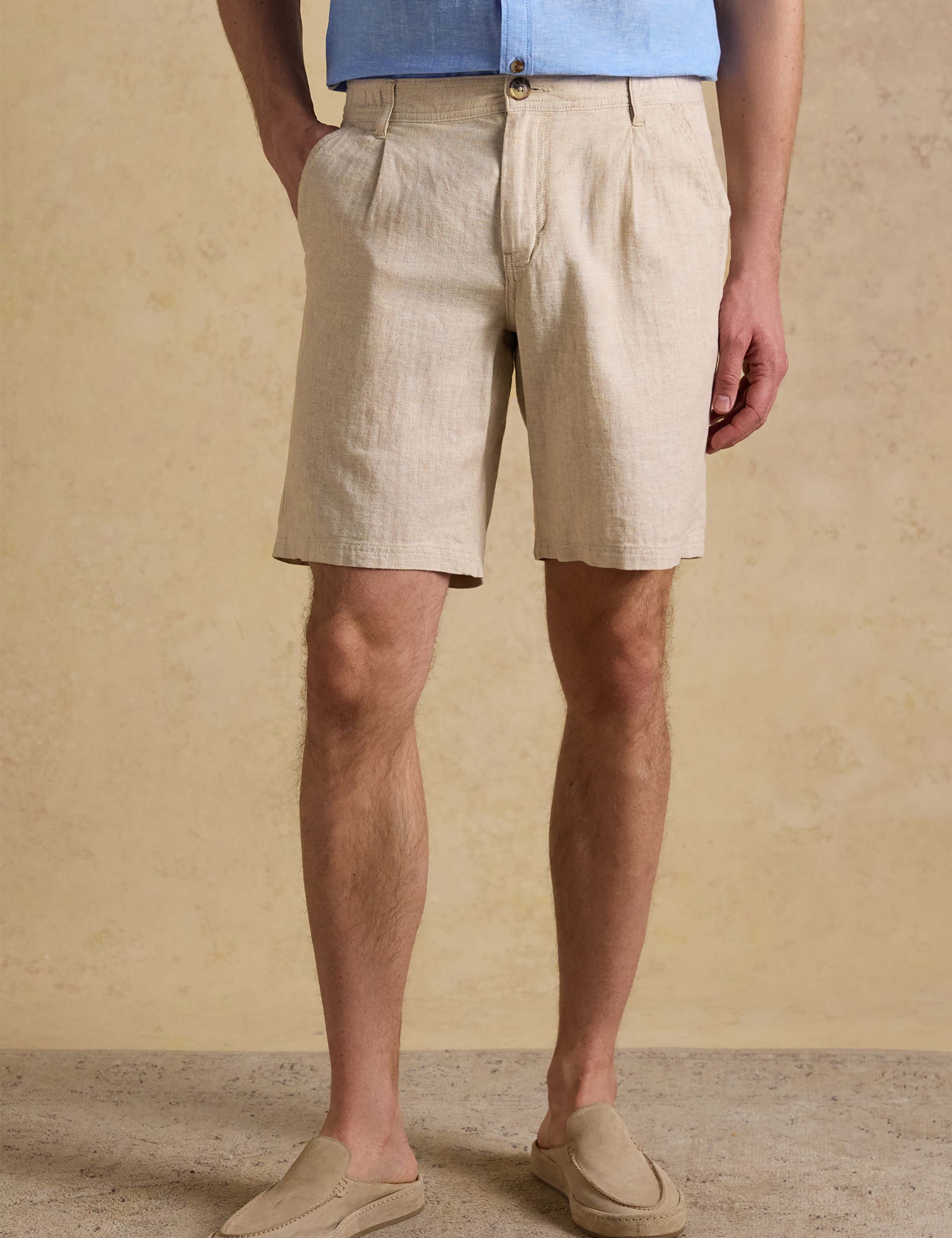 Linen Rich Herringbone Single Pleat Shorts