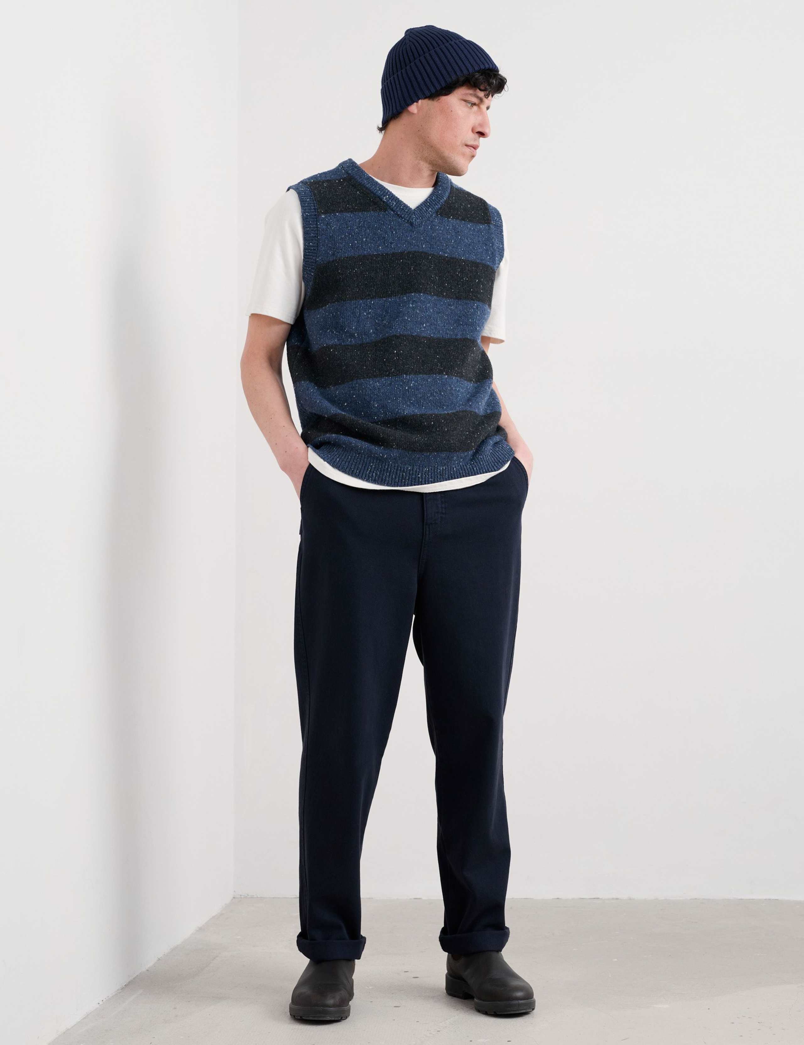 Lambswool Rich Striped V-Neck Knitted Vest