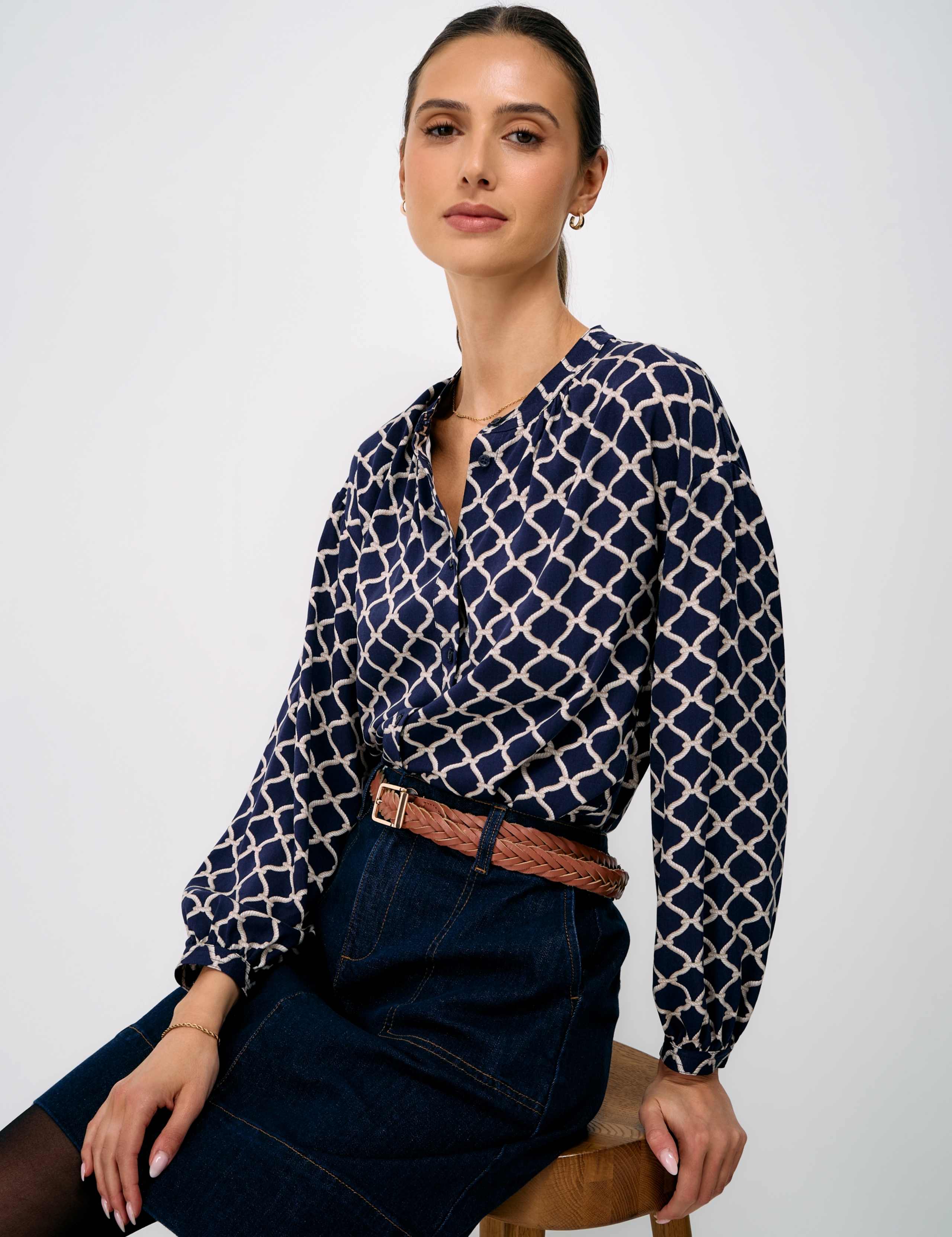 Rope Print Collarless Button Through Blouse
