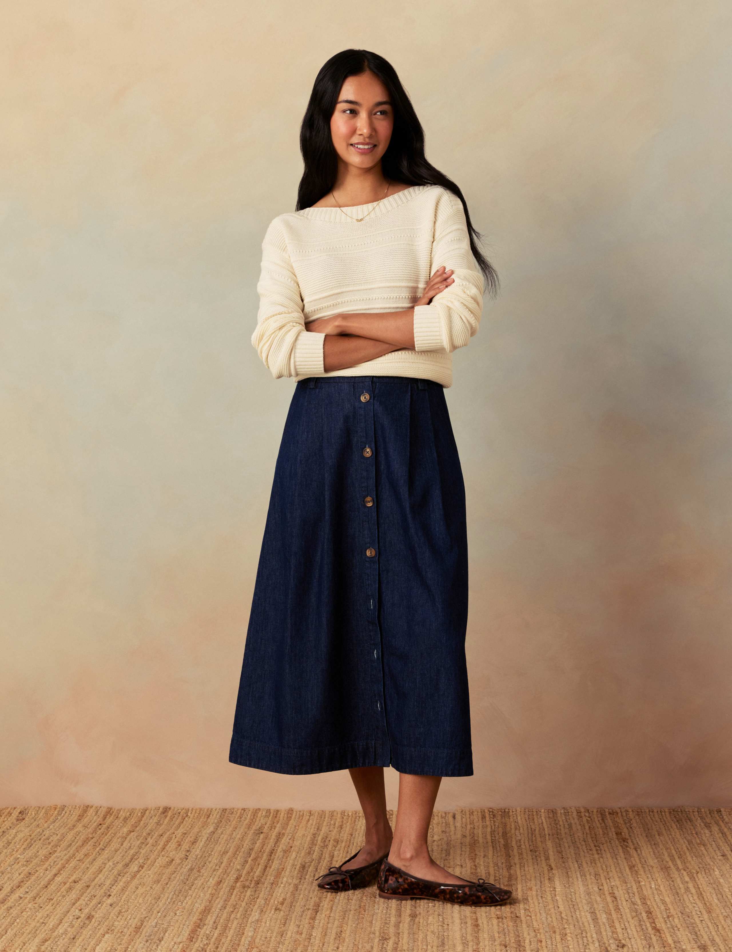 Denim Pleat Front Button Front Midi Skirt