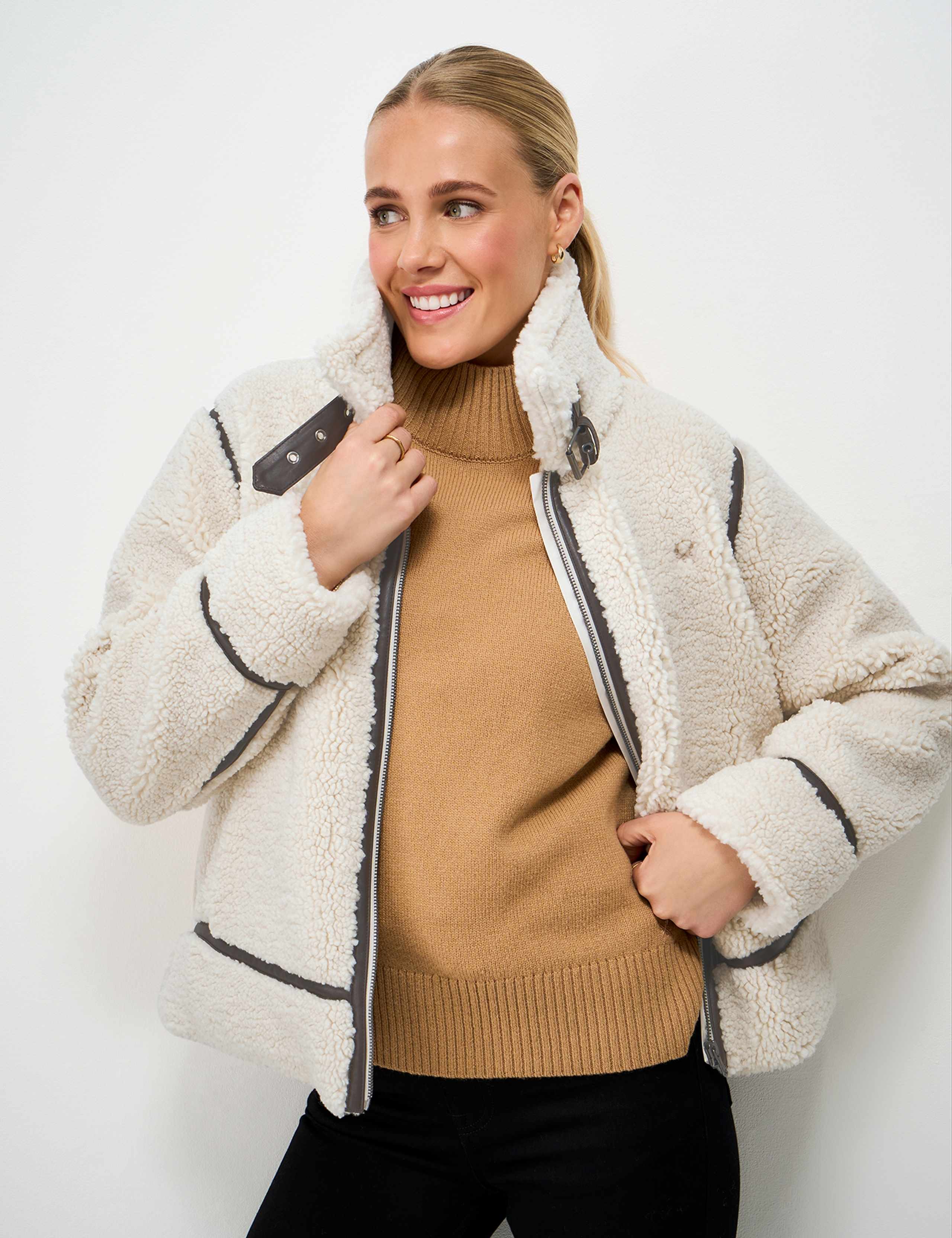 Borg Faux Leather Trim Aviator Jacket