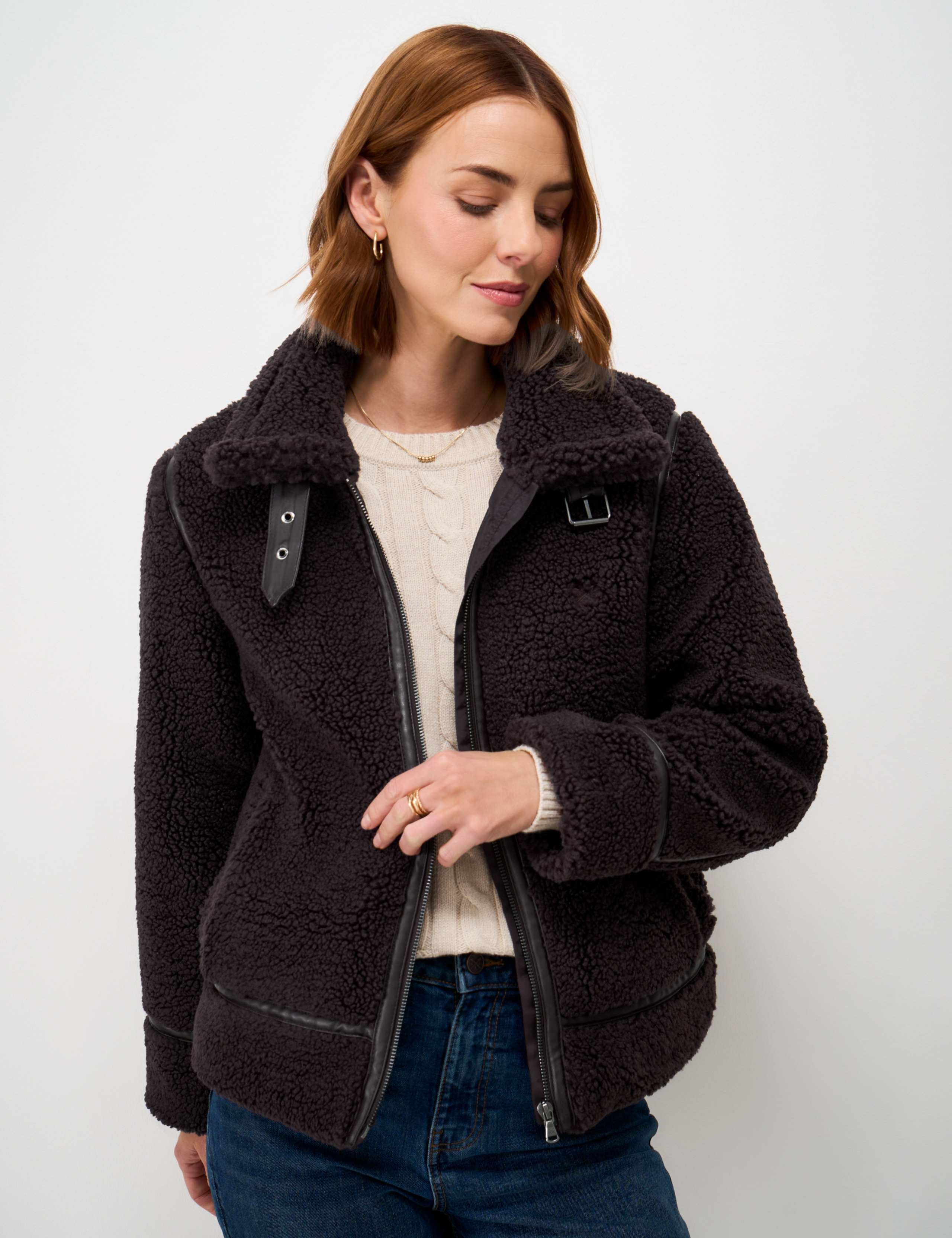 Borg Faux Leather Trim Aviator Jacket