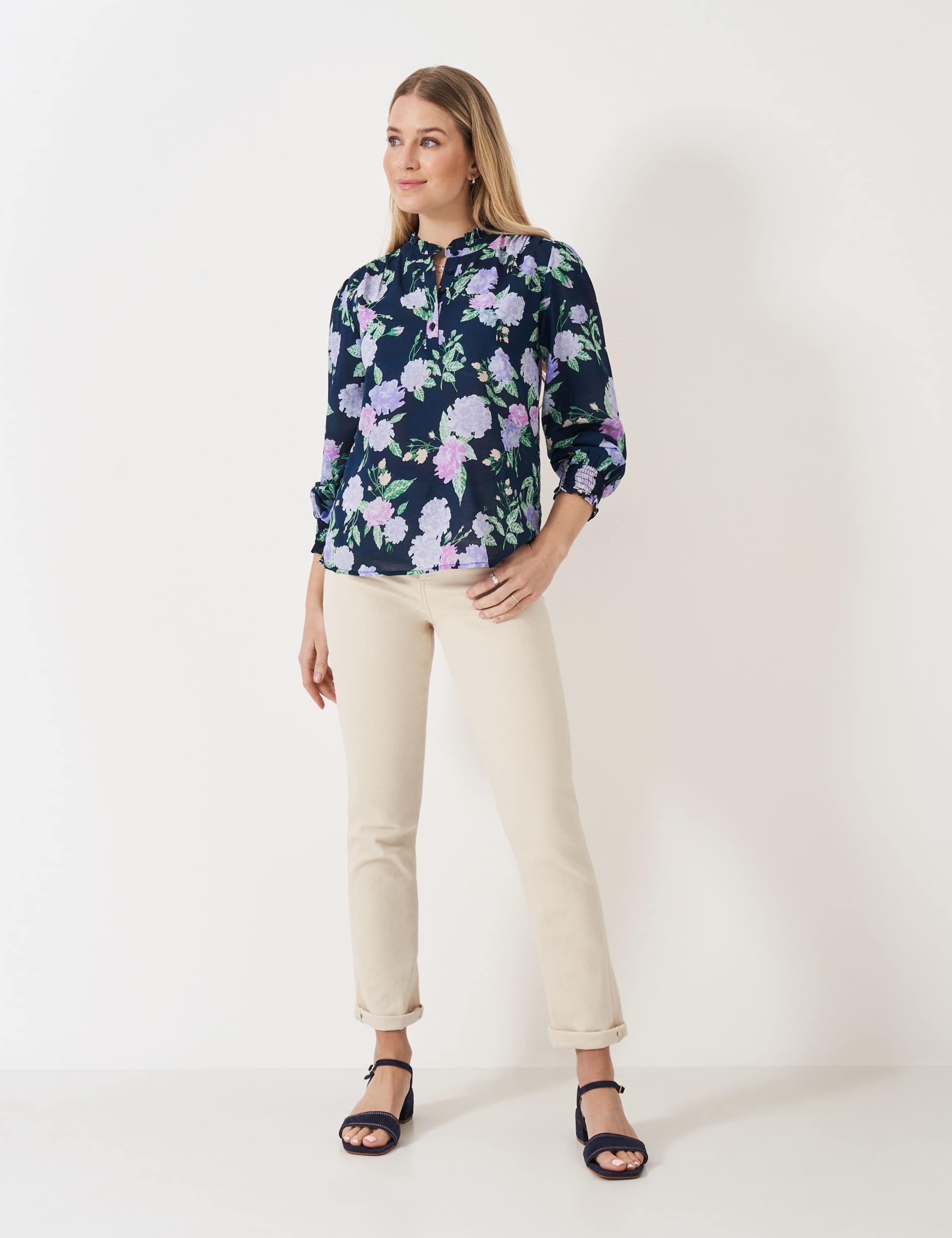 Cotton Rich Floral Ruffle Neck Blouse