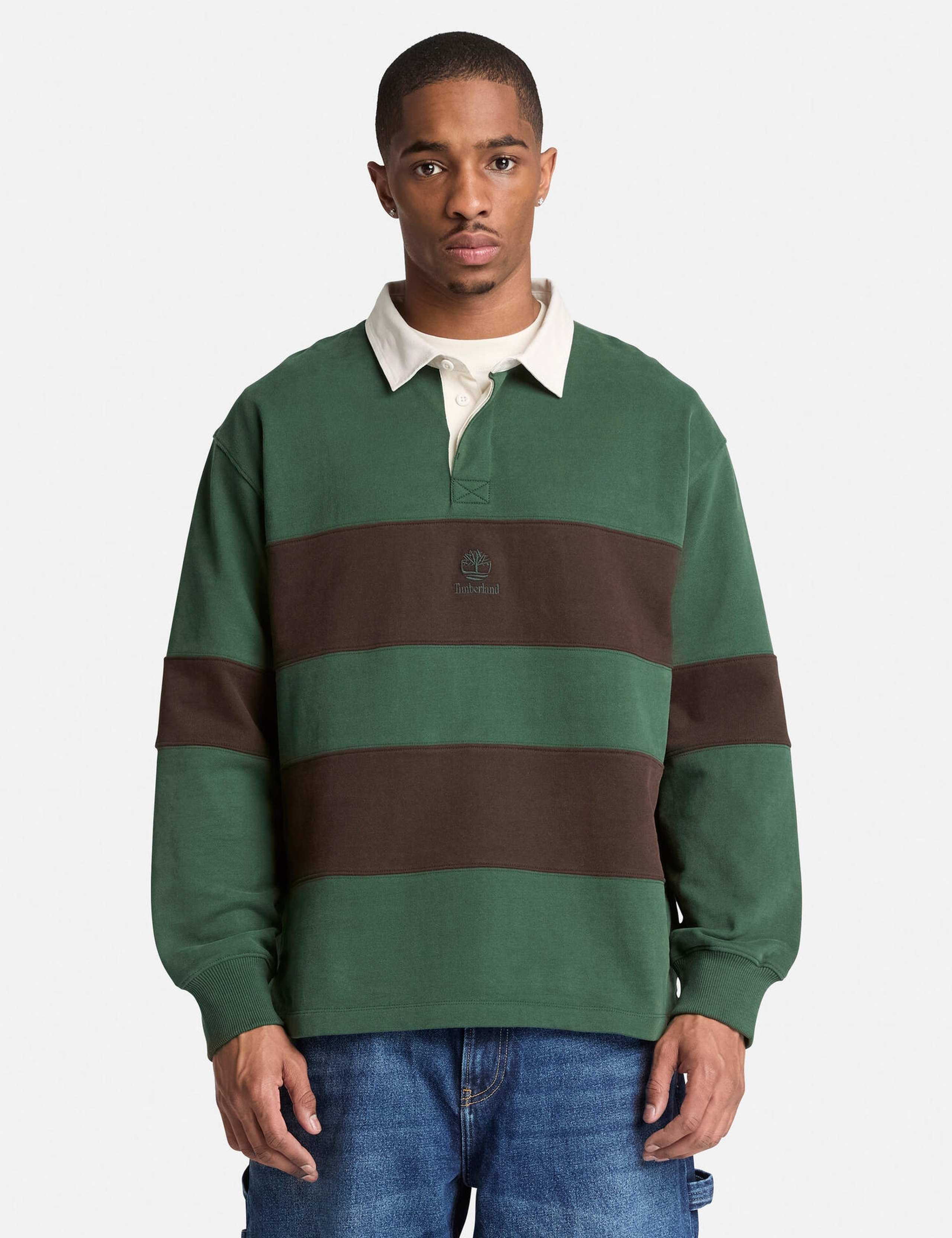 Contrast Collar Striped Rugby Sweatshirt
