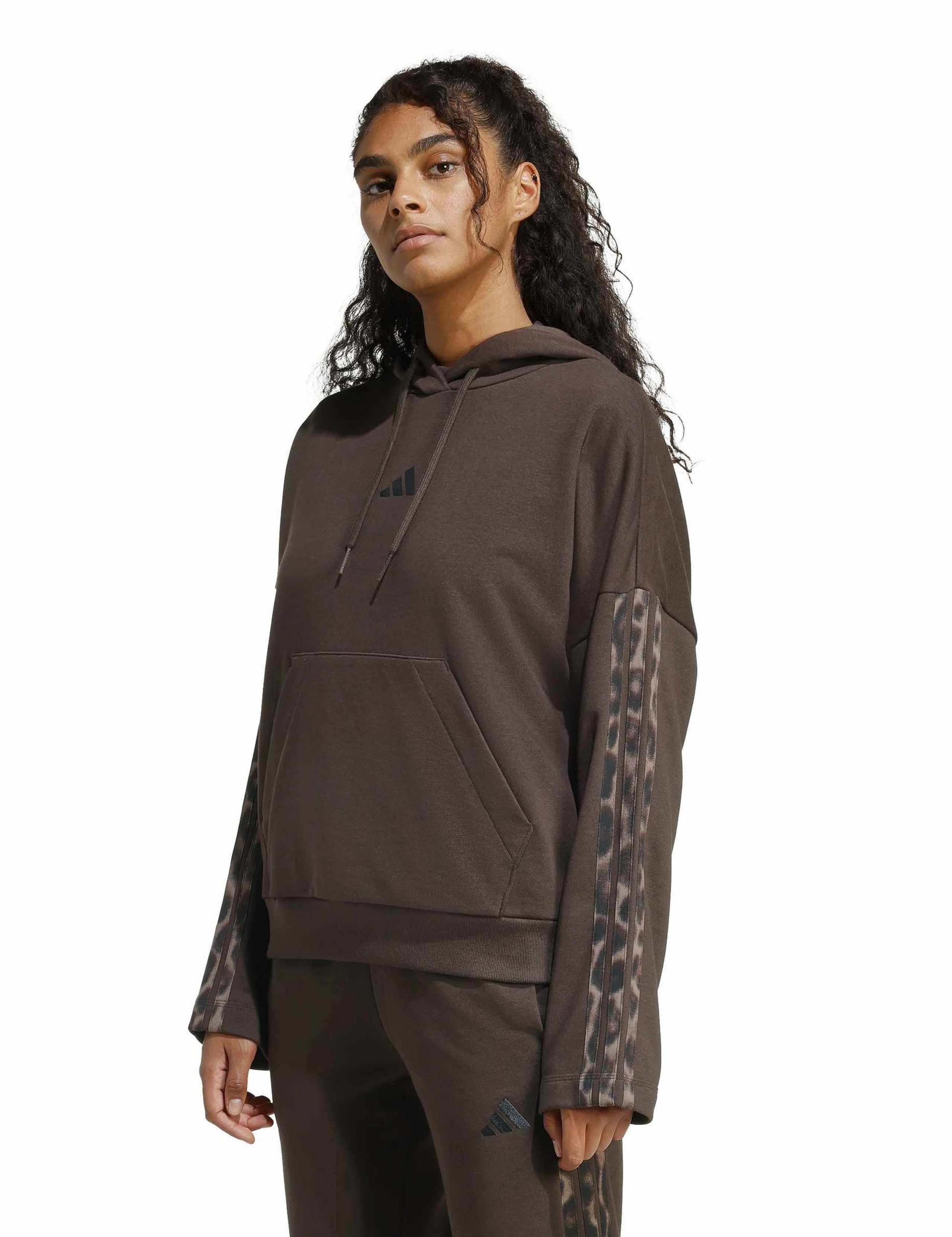 Leopard Print Sleeve Terry Relaxed Hoodie
