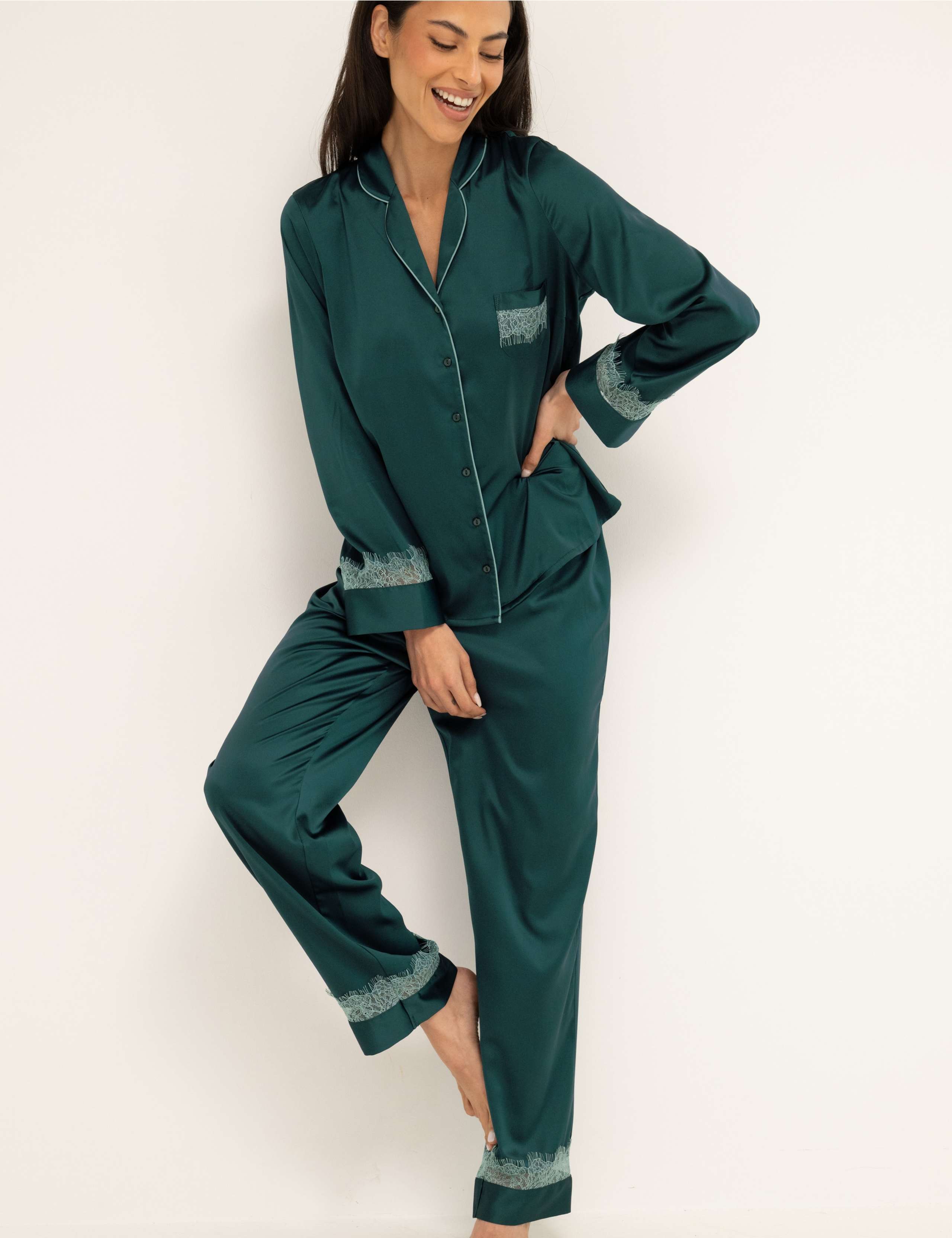 Dusk Satin and Lace Revere Collar Pyjama Set