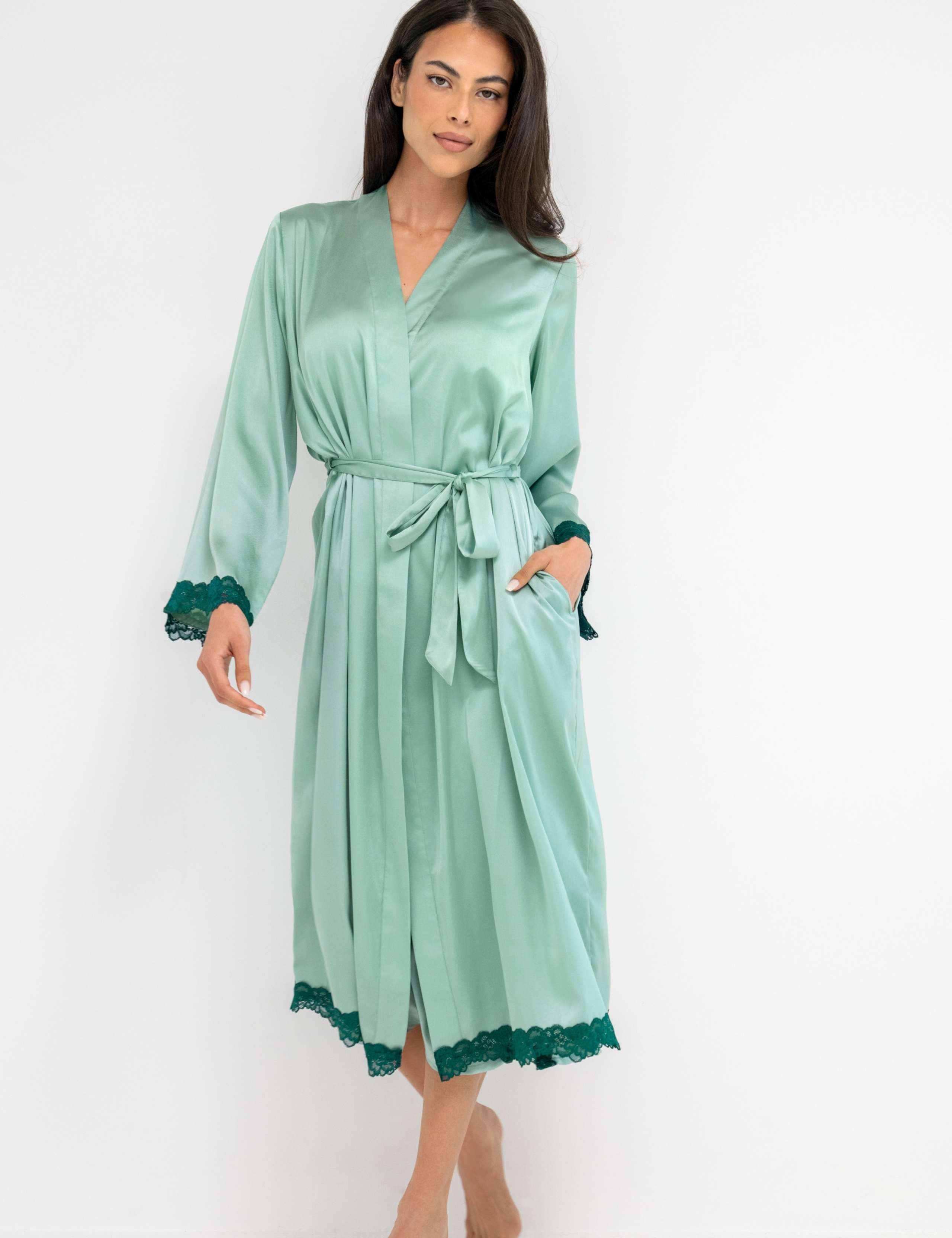 Dusk Satin and Lace Kimono Sleeve Dressing Gown