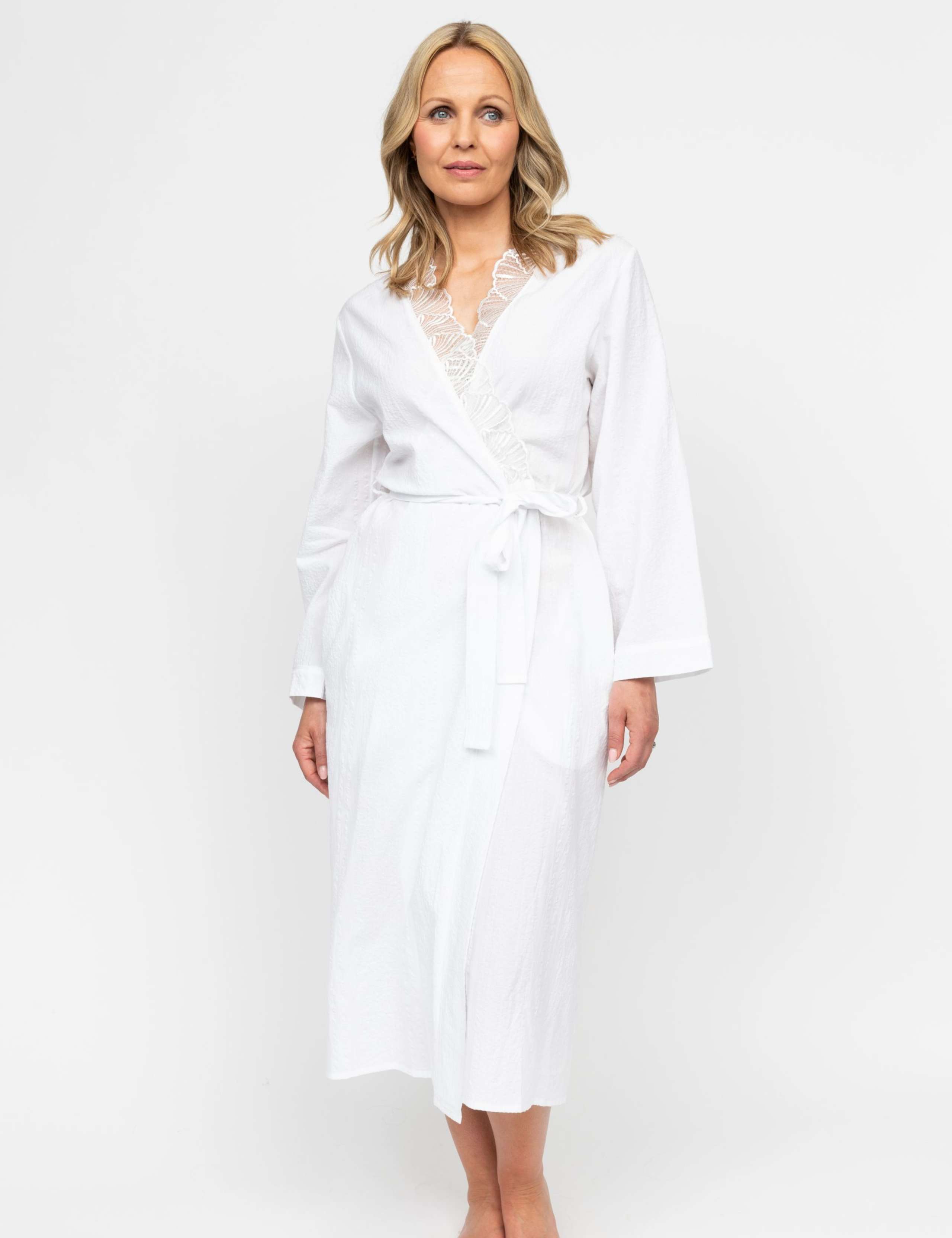Pure Cotton Seersucker Lace Trim Dressing Gown