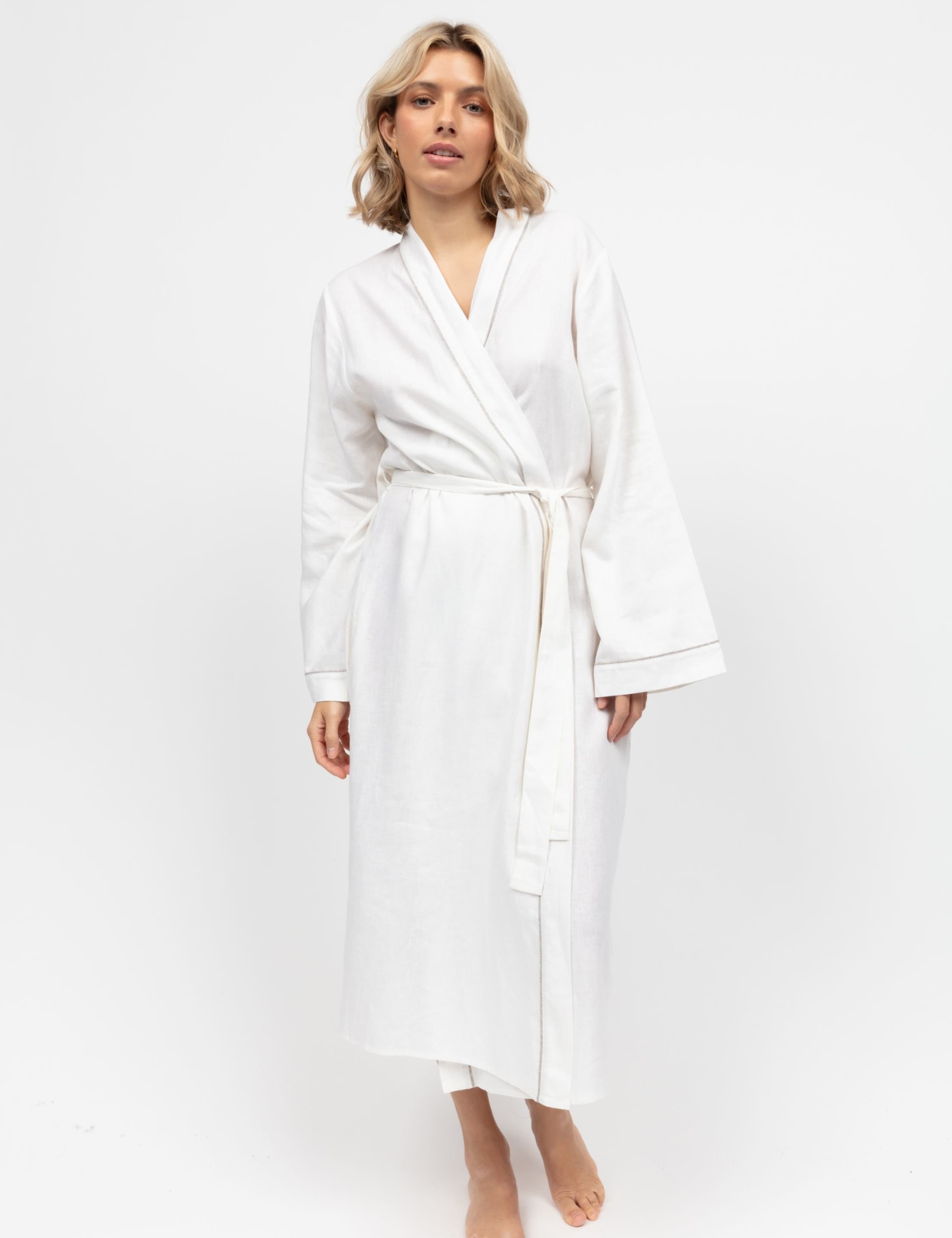 Linen Blend Piped Trim Dressing Gown