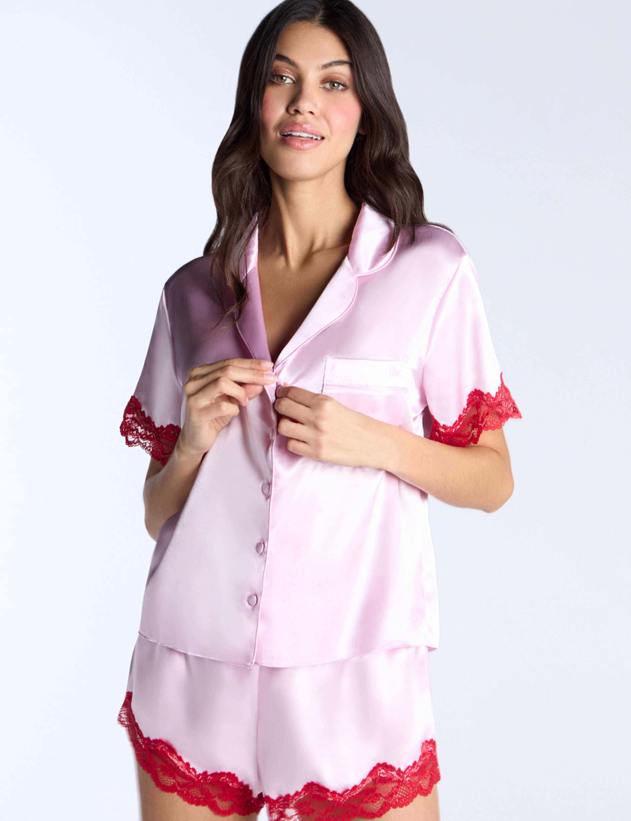 Satin Lace Trim Revere Shortie Set