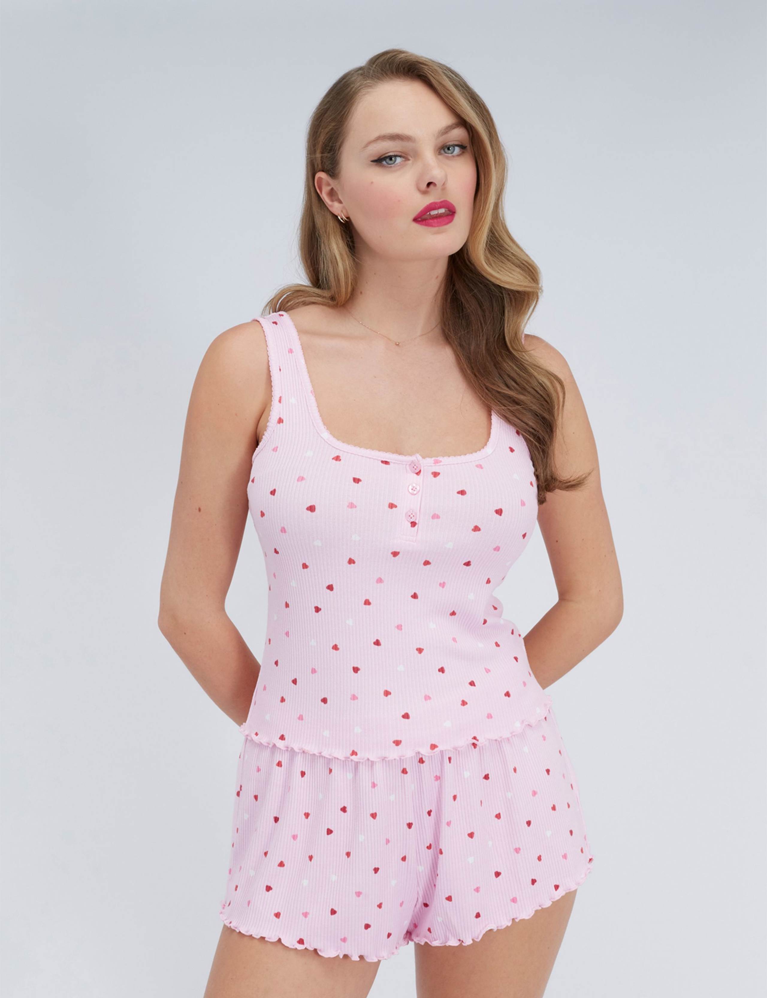 Valentines Ribbed Heart Print Shortie Set