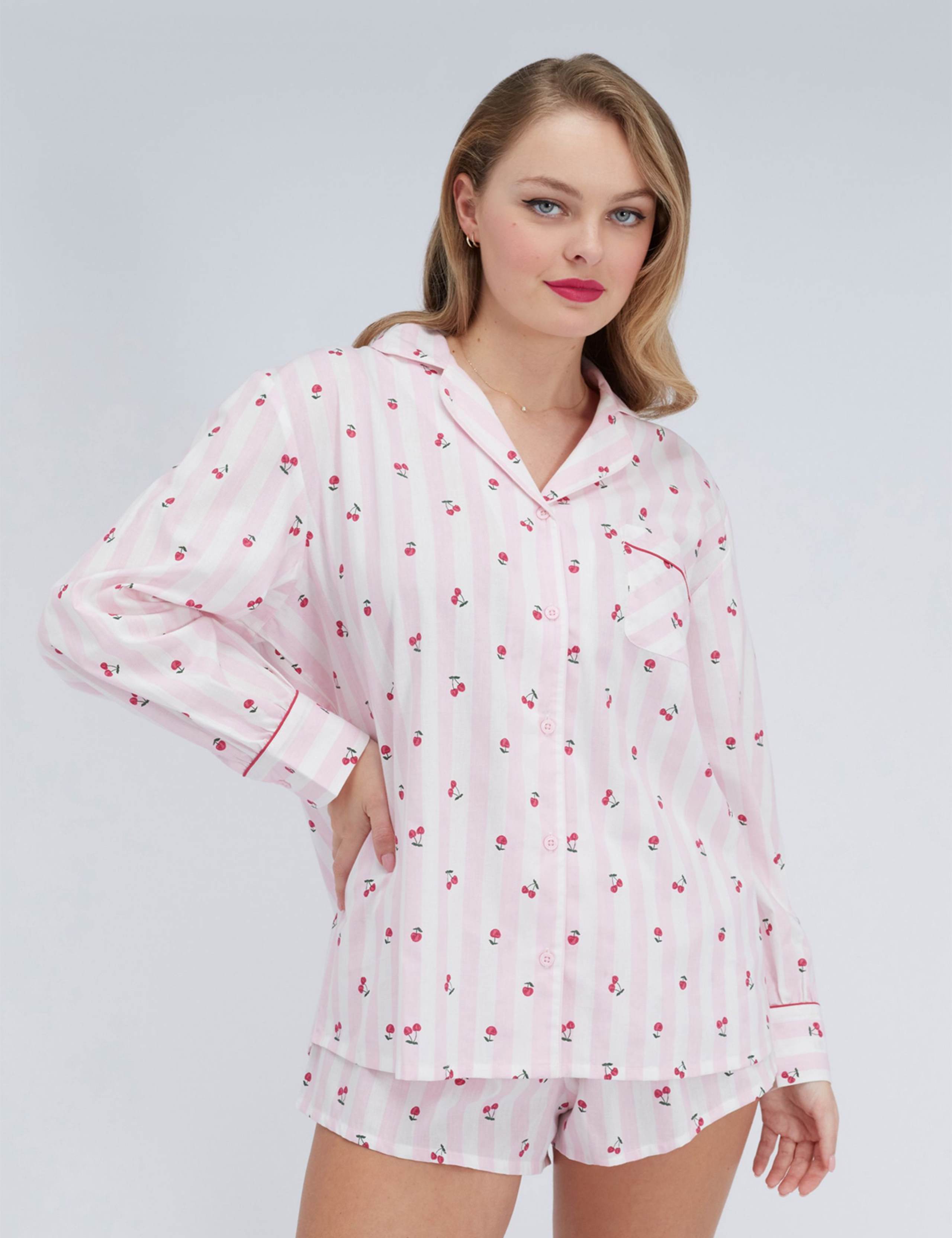 Pure Cotton Cherry Striped Shortie Set