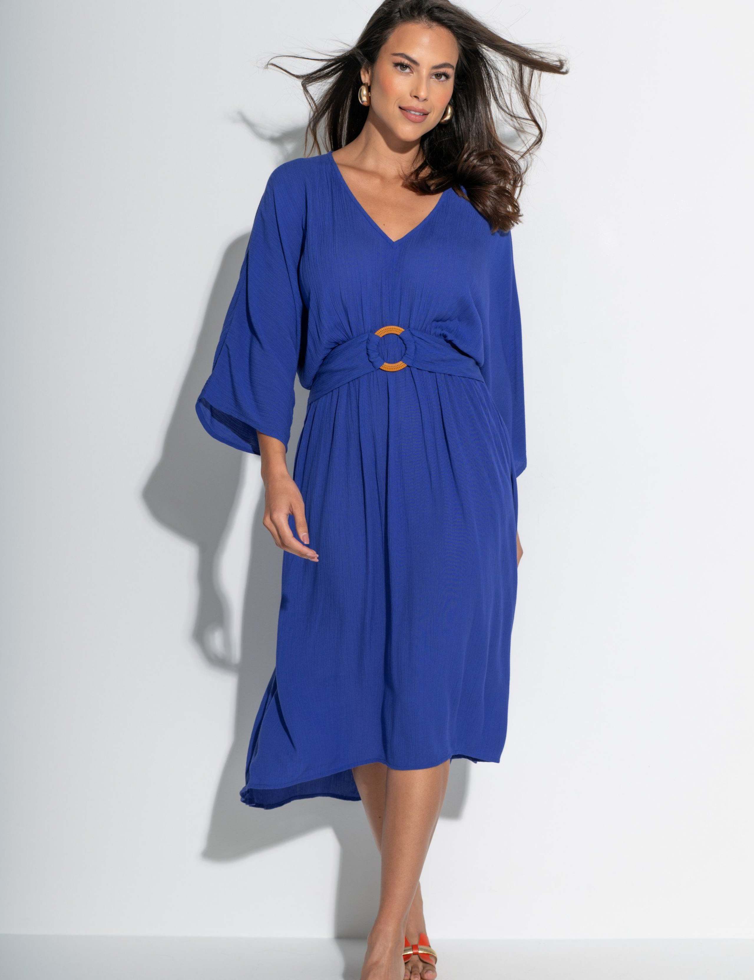Crinkle Ring Front Midi Kaftan Beach Dress