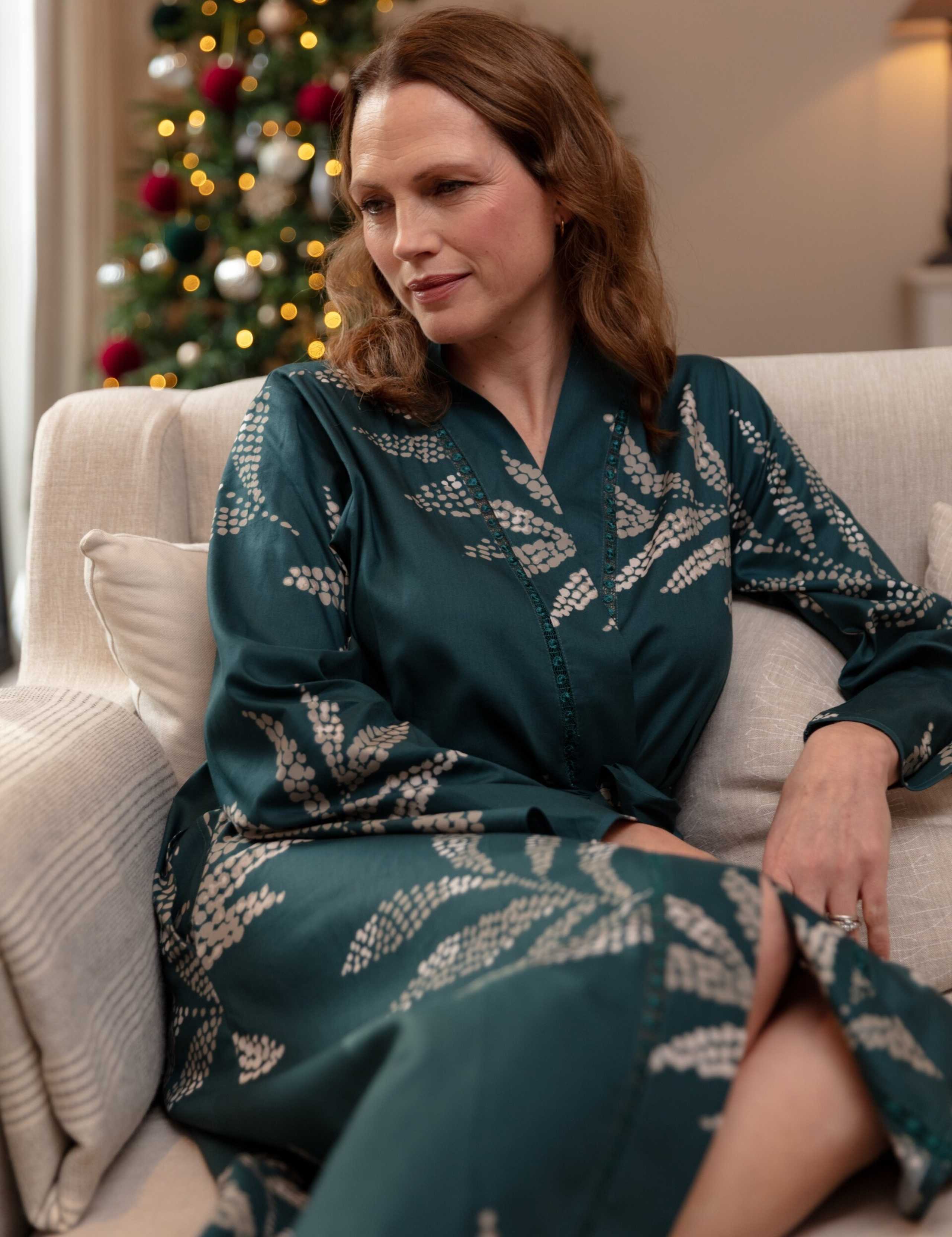 Cotton Modal Leaf Print Lace Insert Robe