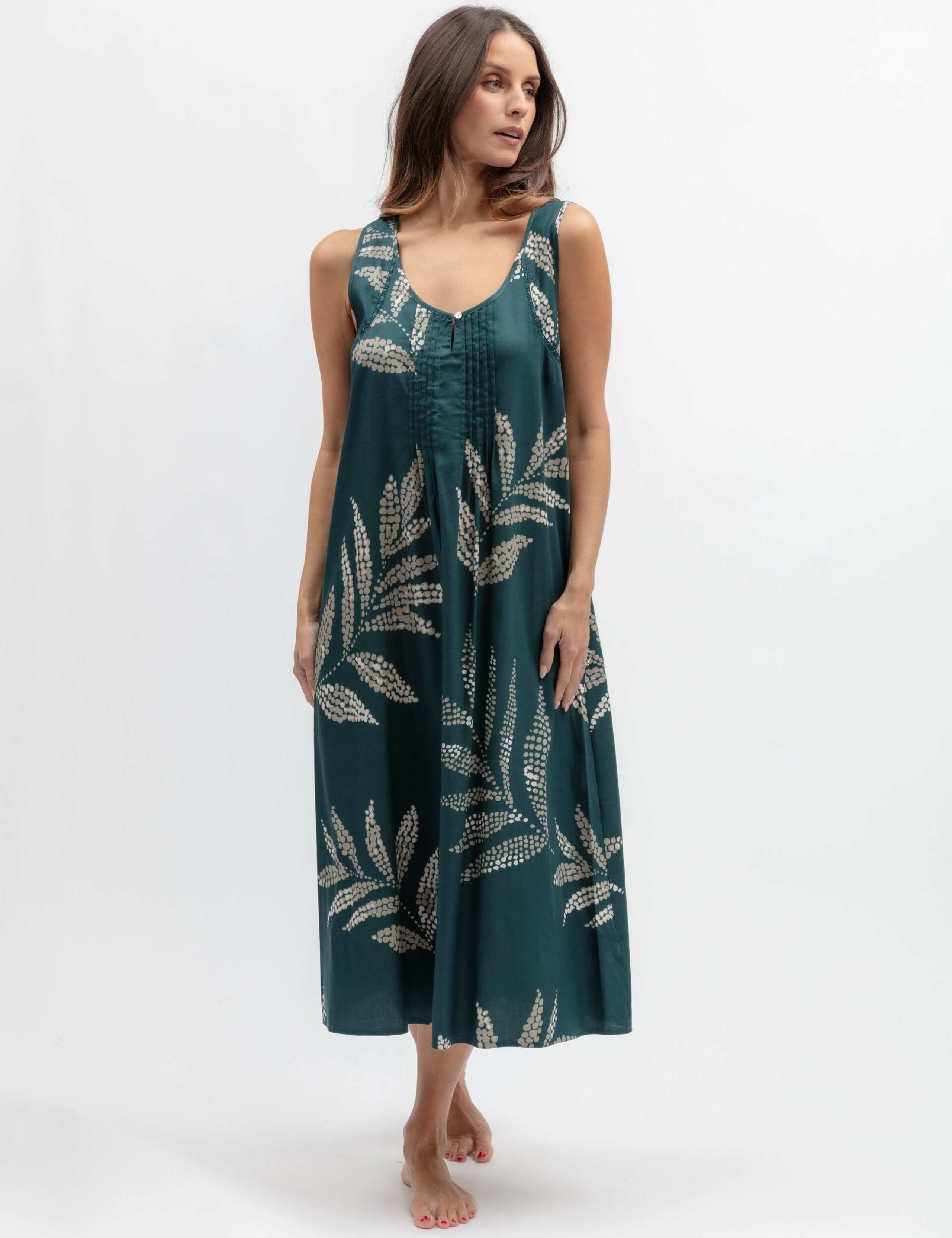Cotton Modal Leaf Print Pintuck Nightdress