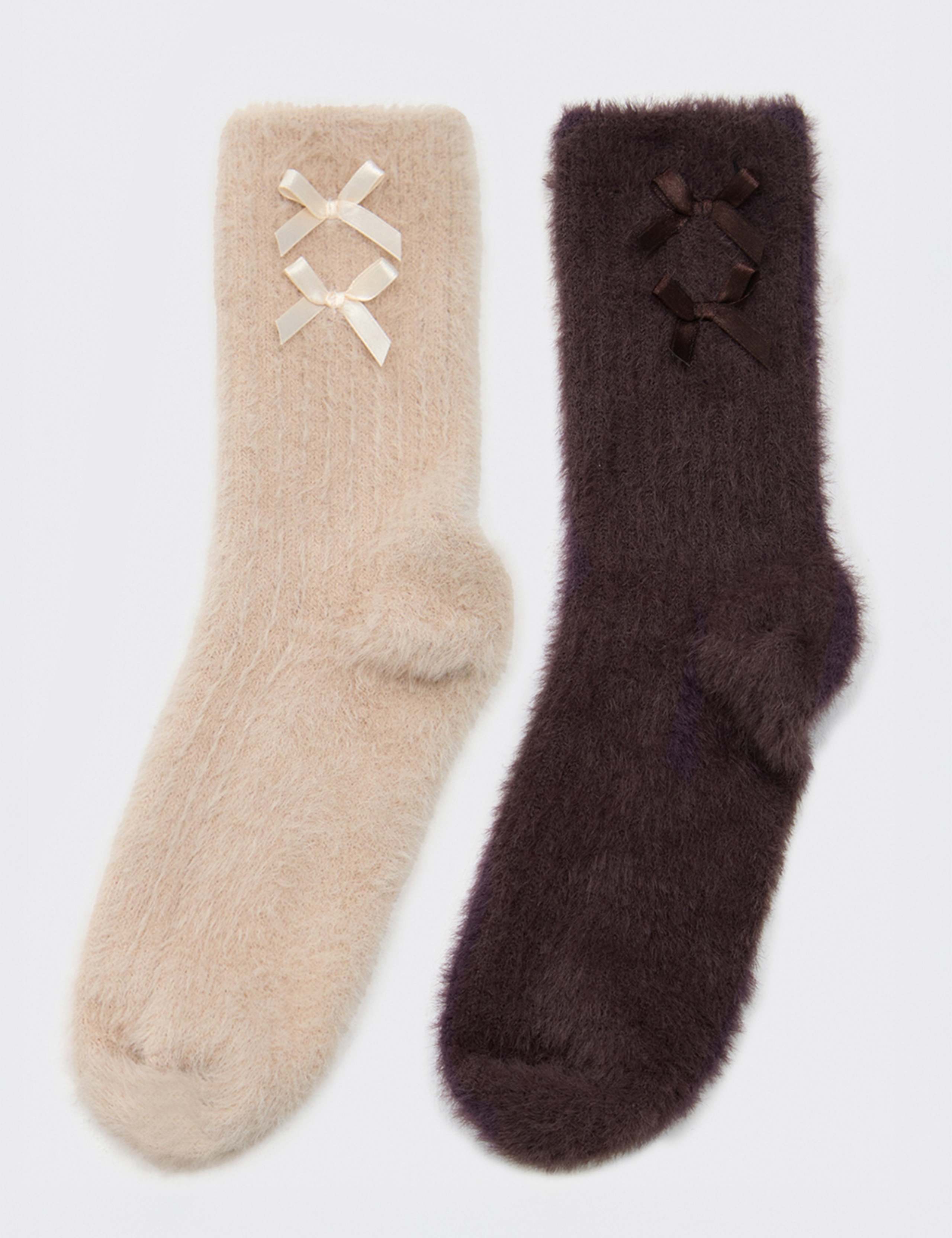 2 Pack Bow Trim Ribbed Fluffy Socks