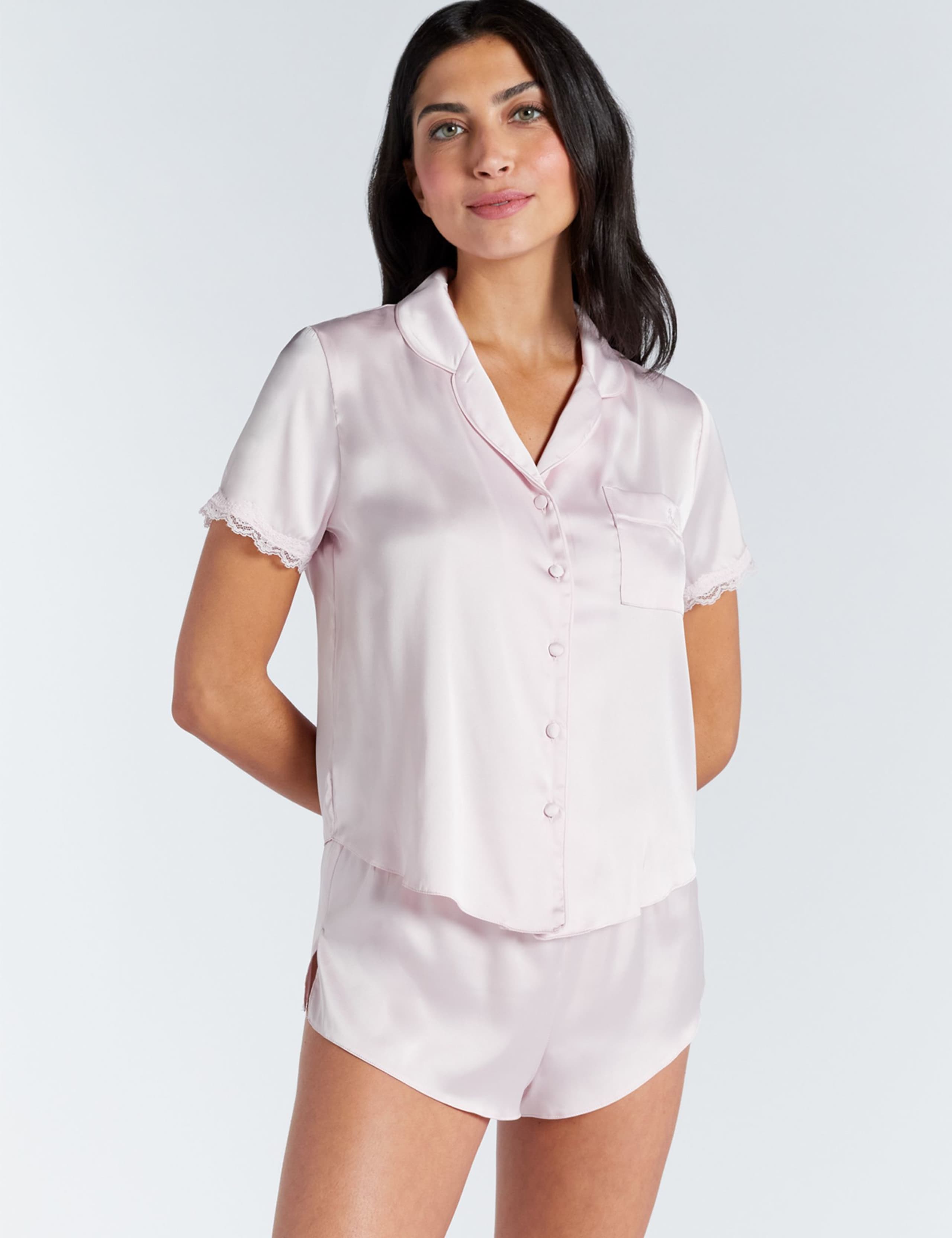 Linen Blend Lace Trim Shortie Set