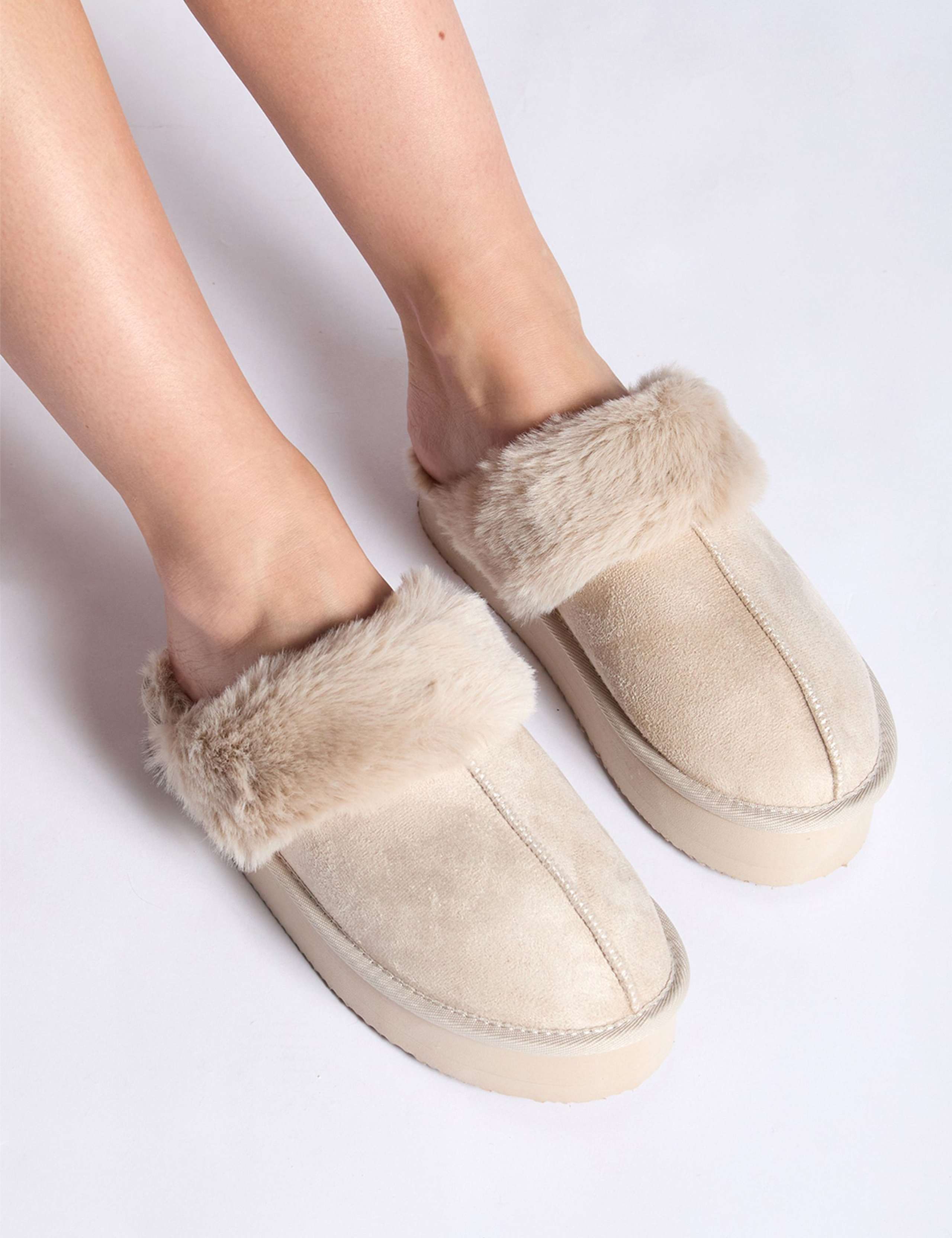 Faux Fur Cuff Platform Mule Slippers