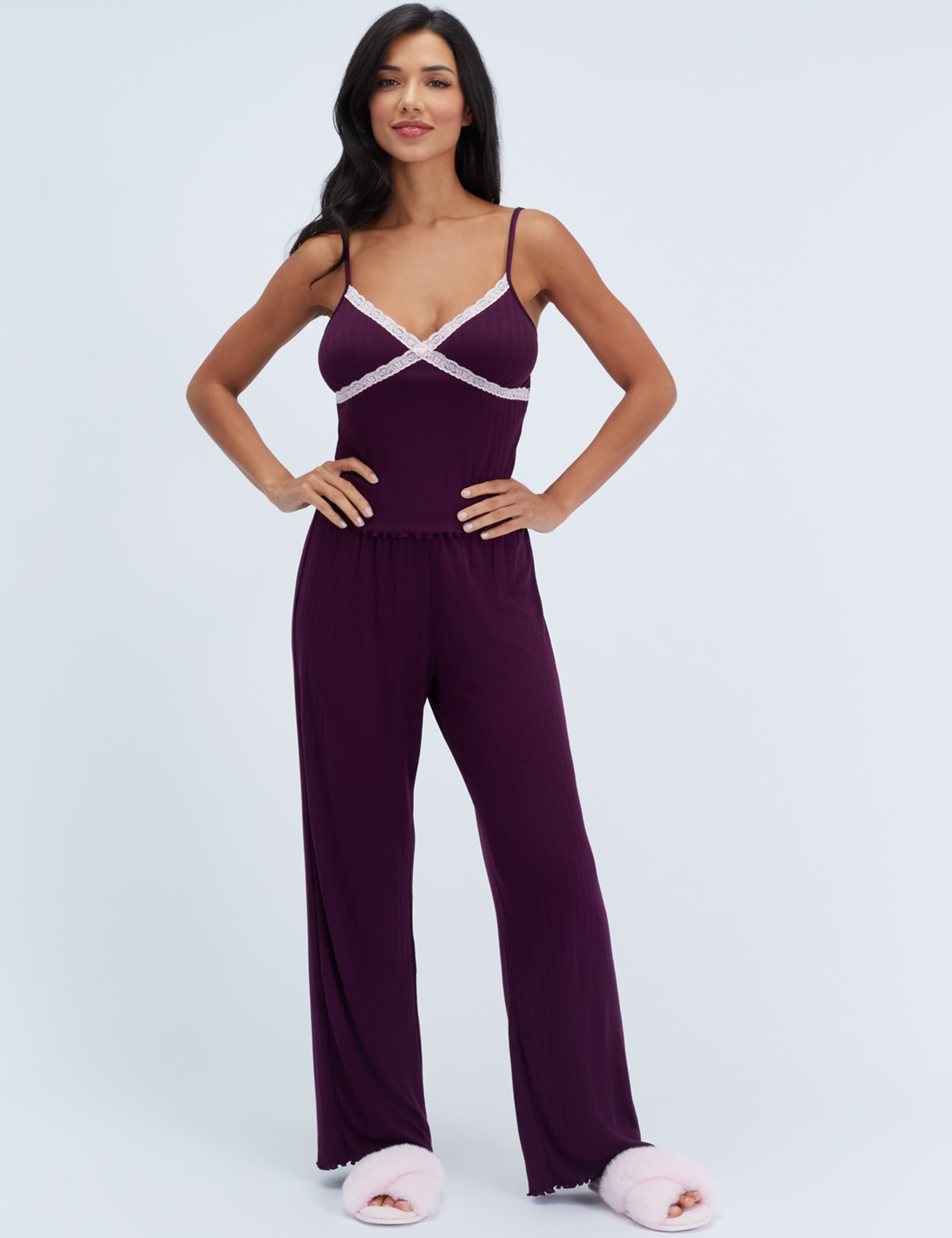 Pointelle Lace Trim Wide Leg Cami Pyjama Set