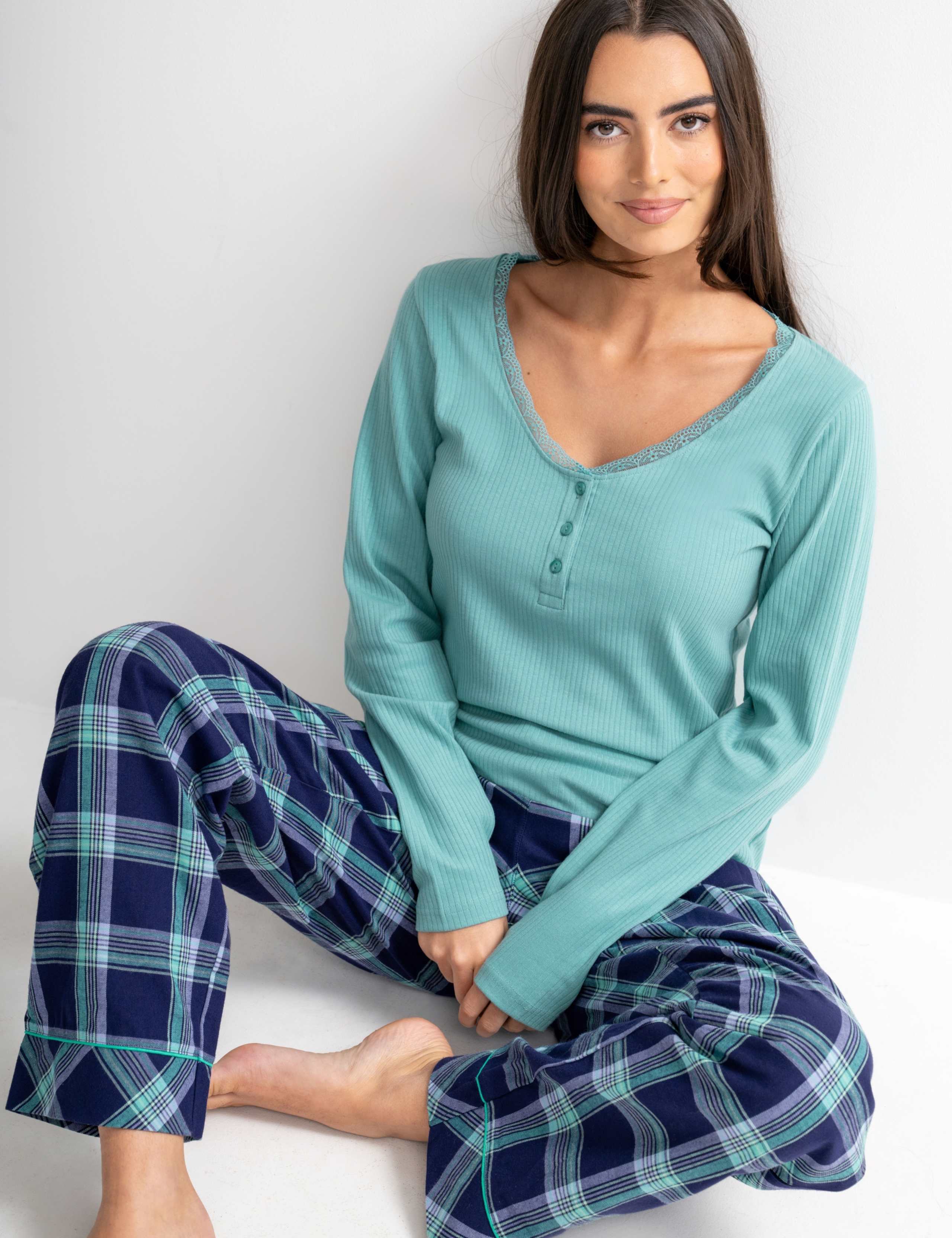 Ribbed Lace Trim Checked Pyjama Set
