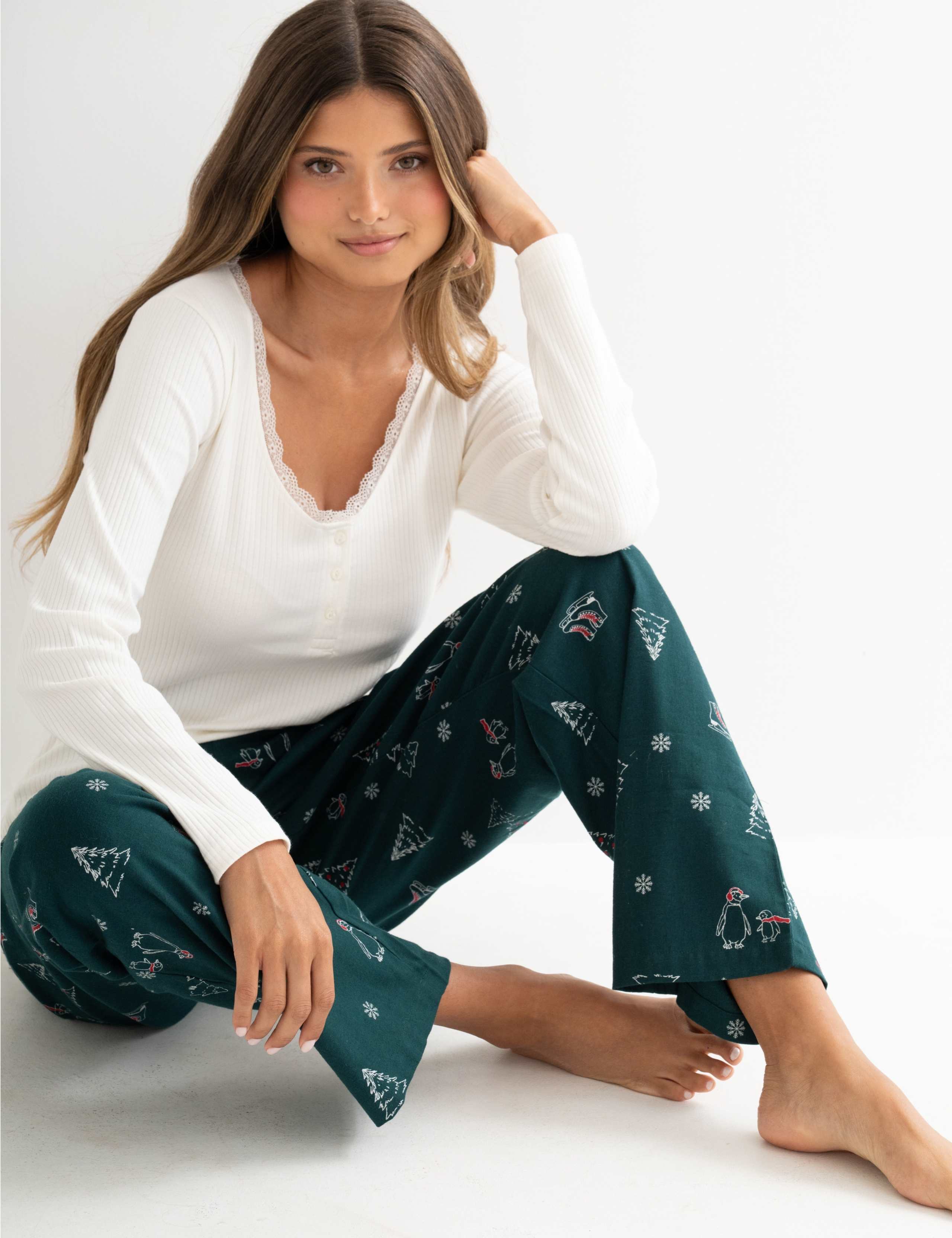 Ribbed Lace Trim Christmas Pyjama Set