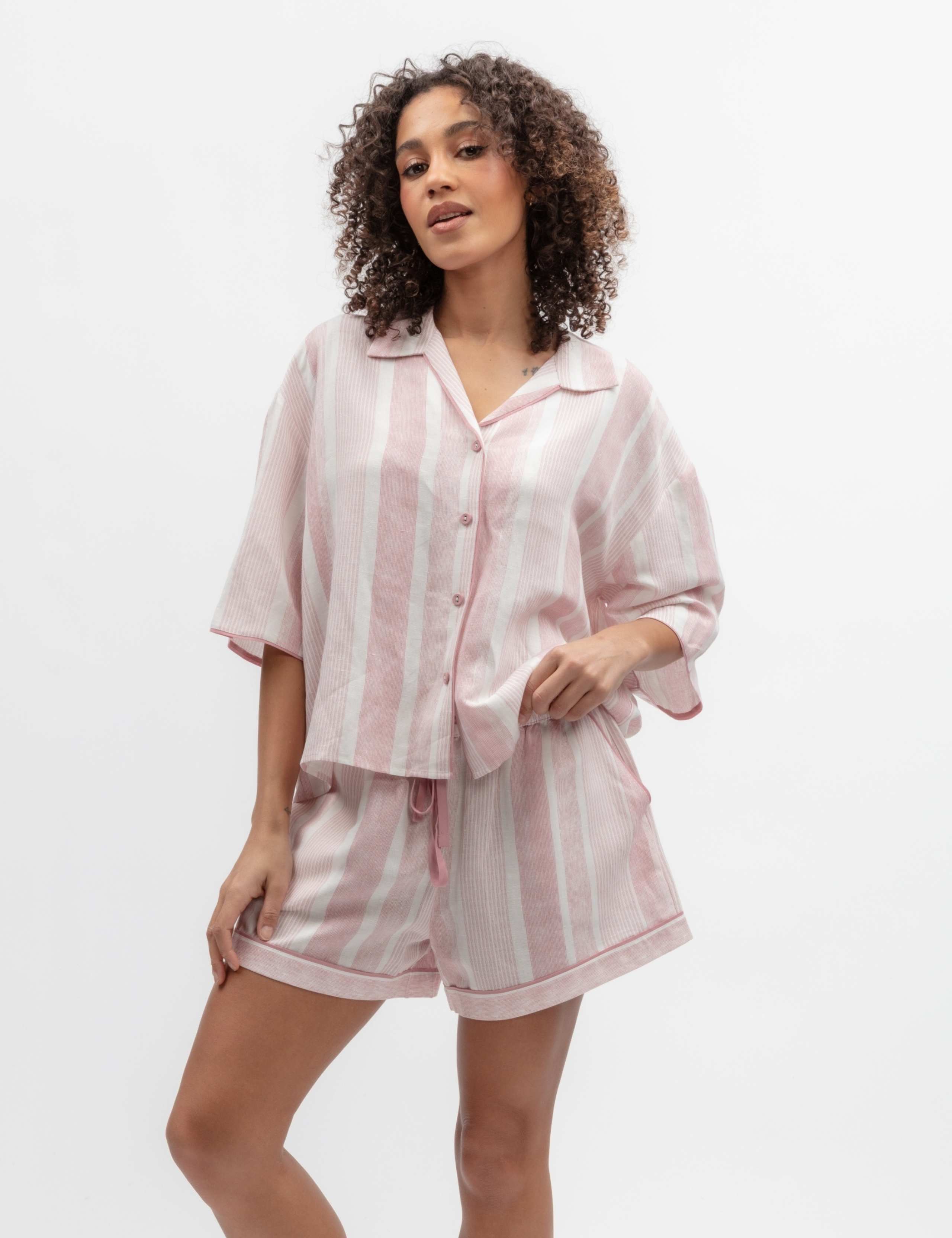Linen Blend Striped Shortie Set