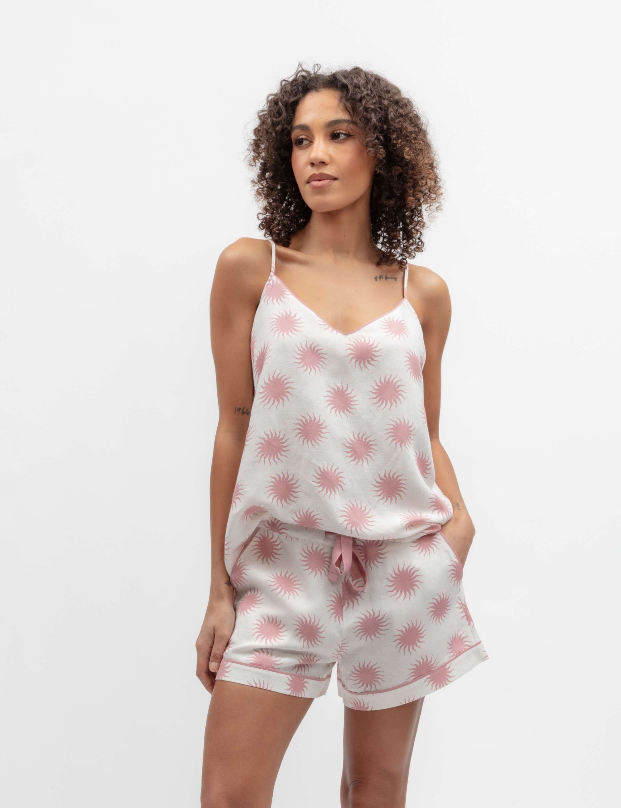 Linen Blend Sun Print Shortie Set