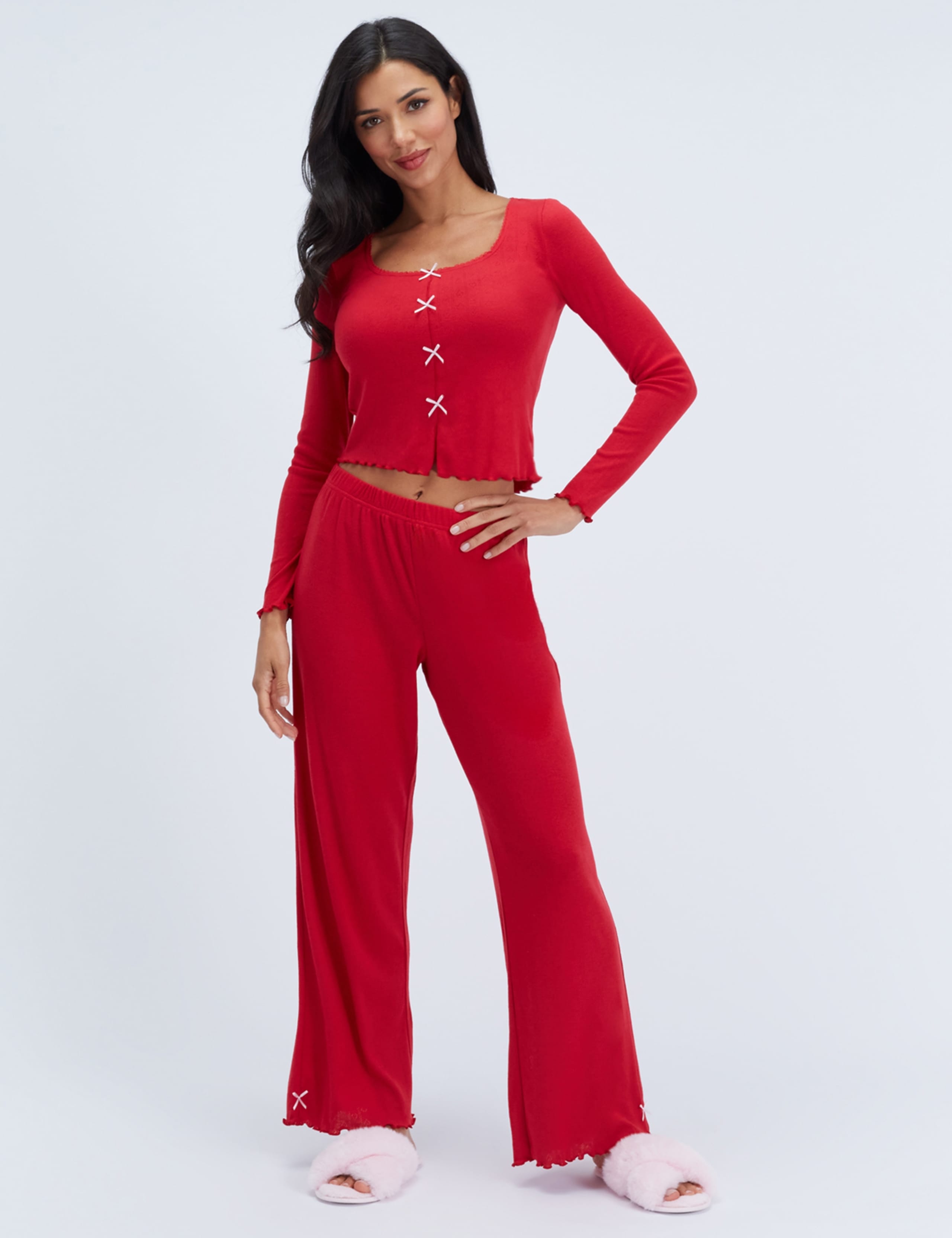 Pointelle Bow Trim Wide Leg Pyjama Set