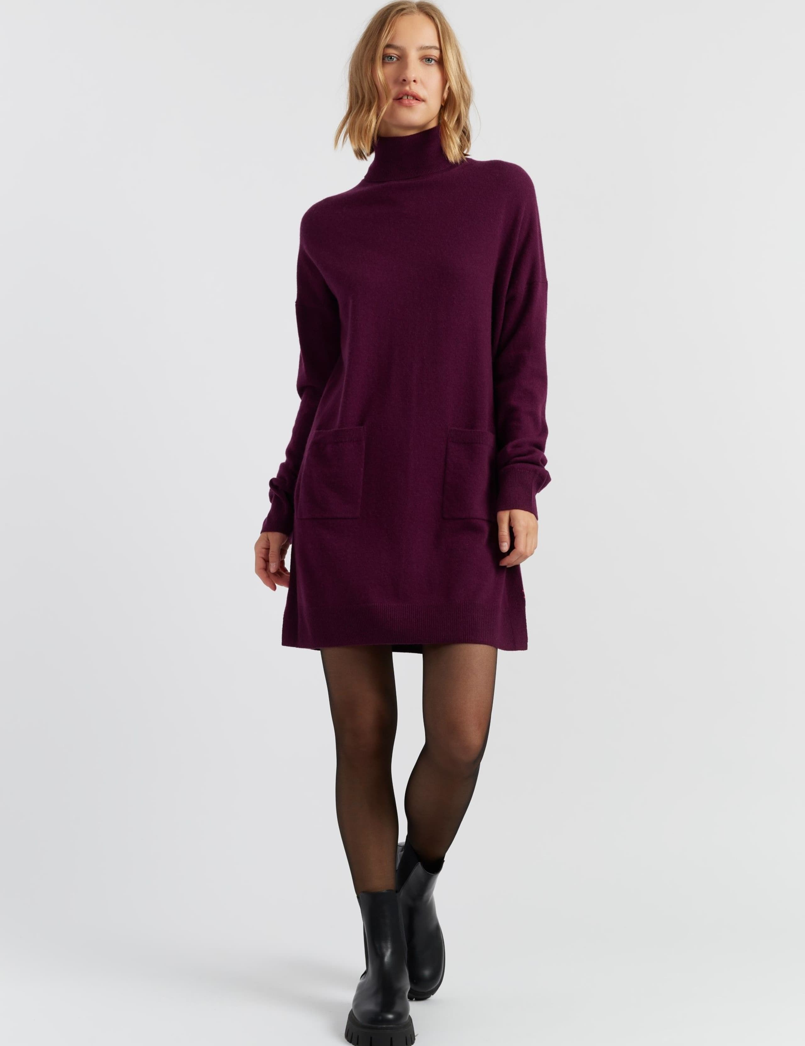Wool Rich Knitted Roll Neck Mini Dress with Cashmere