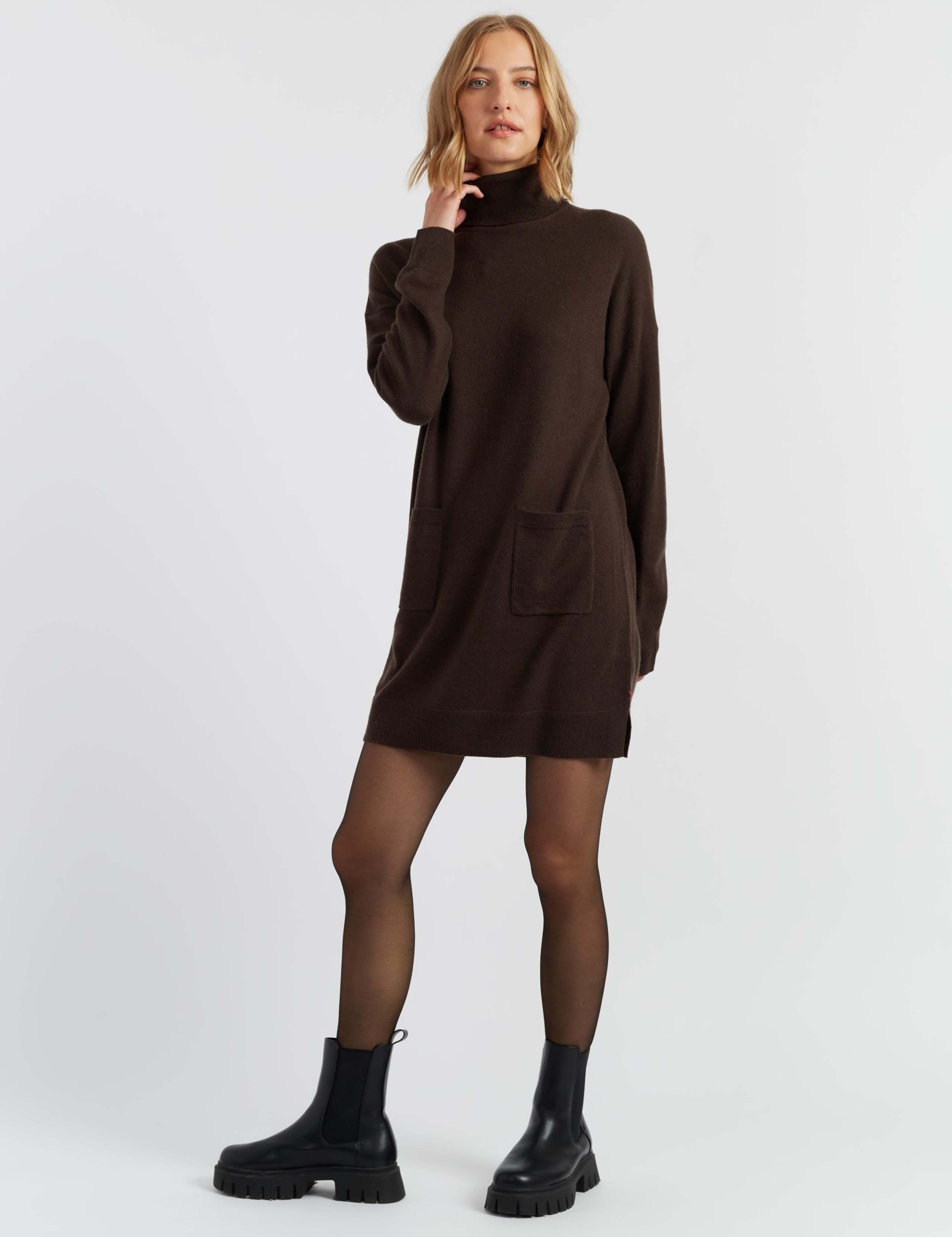 Wool Rich Knitted Roll Neck Mini Dress with Cashmere