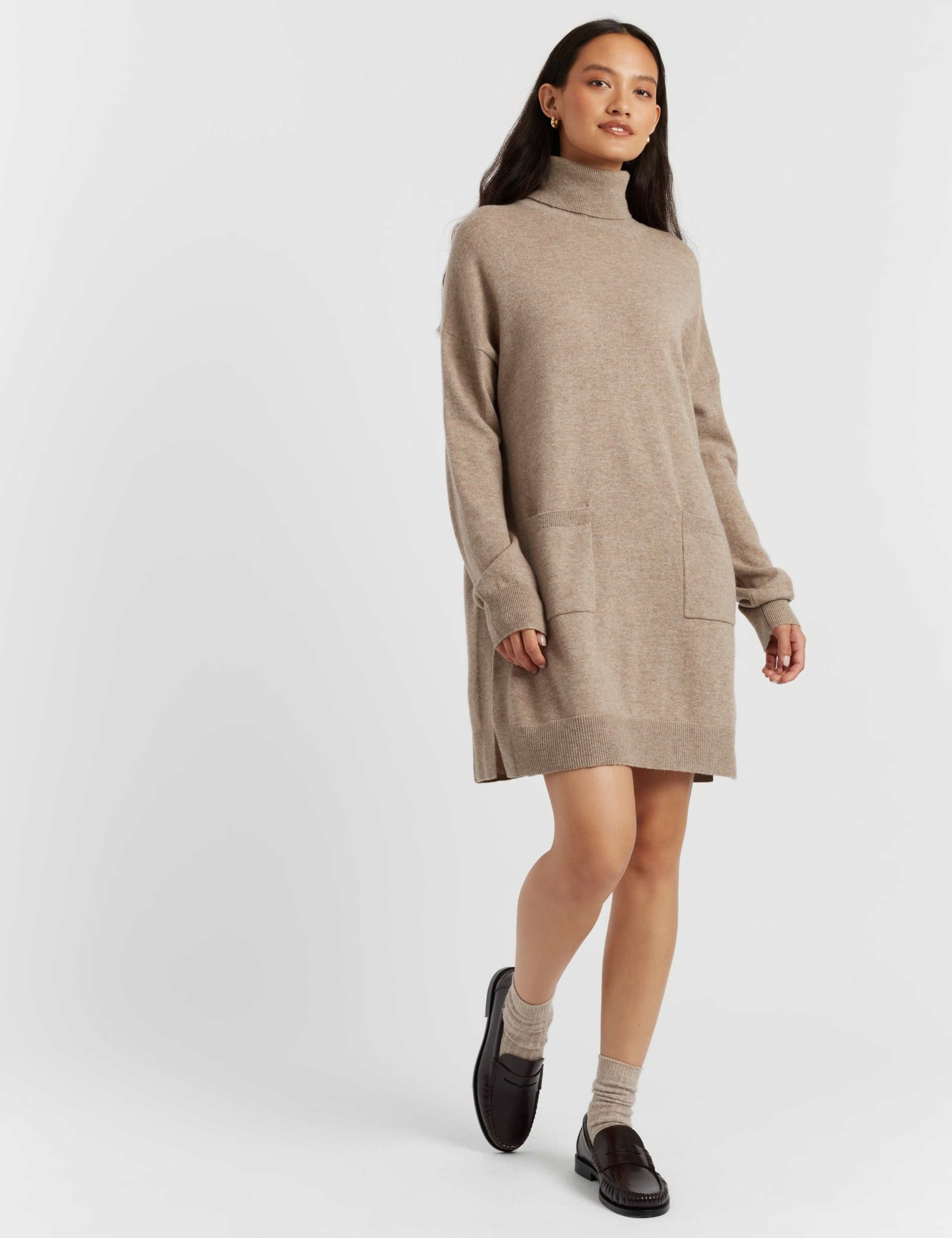 Wool Rich Knitted Roll Neck Mini Dress with Cashmere